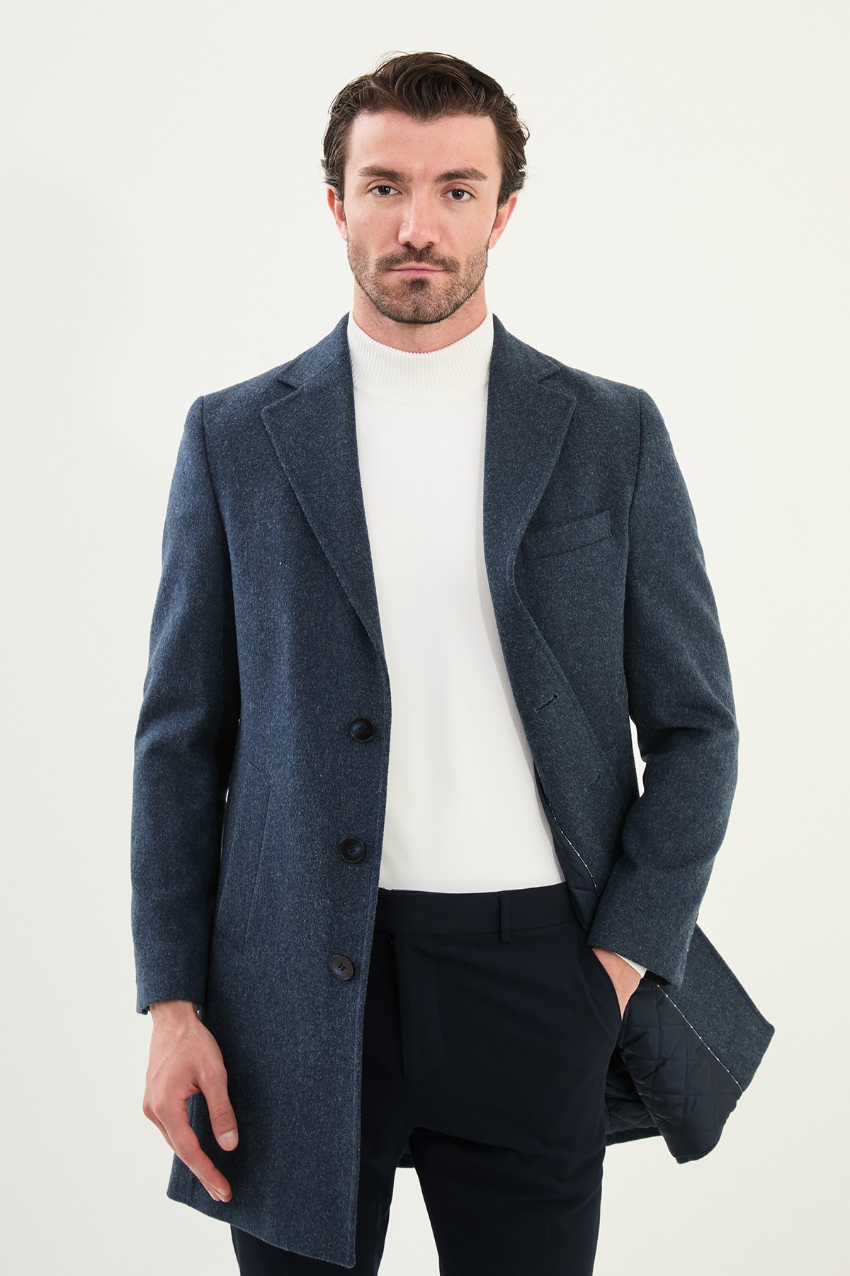Düz Slim Fit Mono Yaka Klasik Yün Erkek Kaban - İndigo