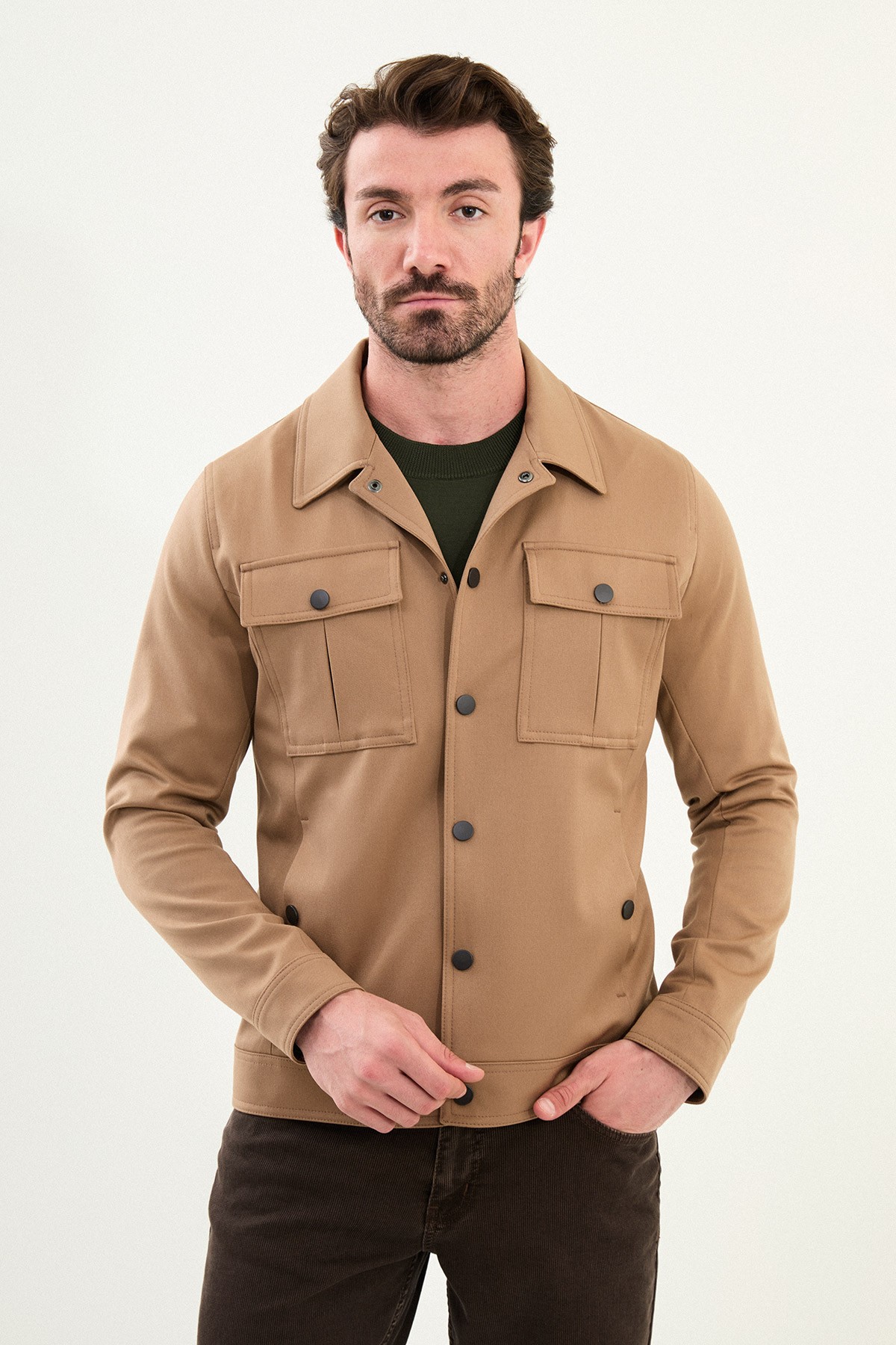 Düz Slim Fit Gömlek Yaka Erkek Mont - Bej