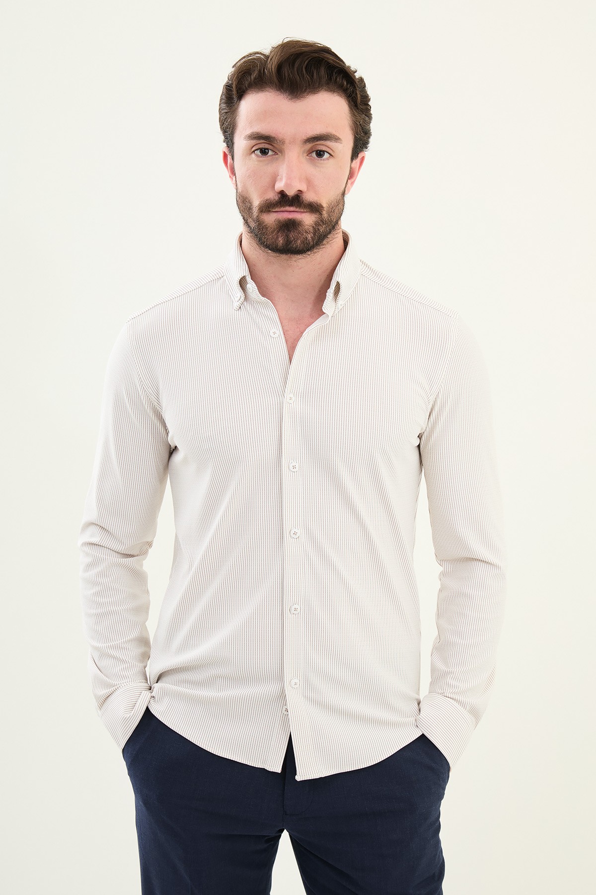 Çizgili Slim Fit Pamuk Erkek Gömlek - Kahverengi