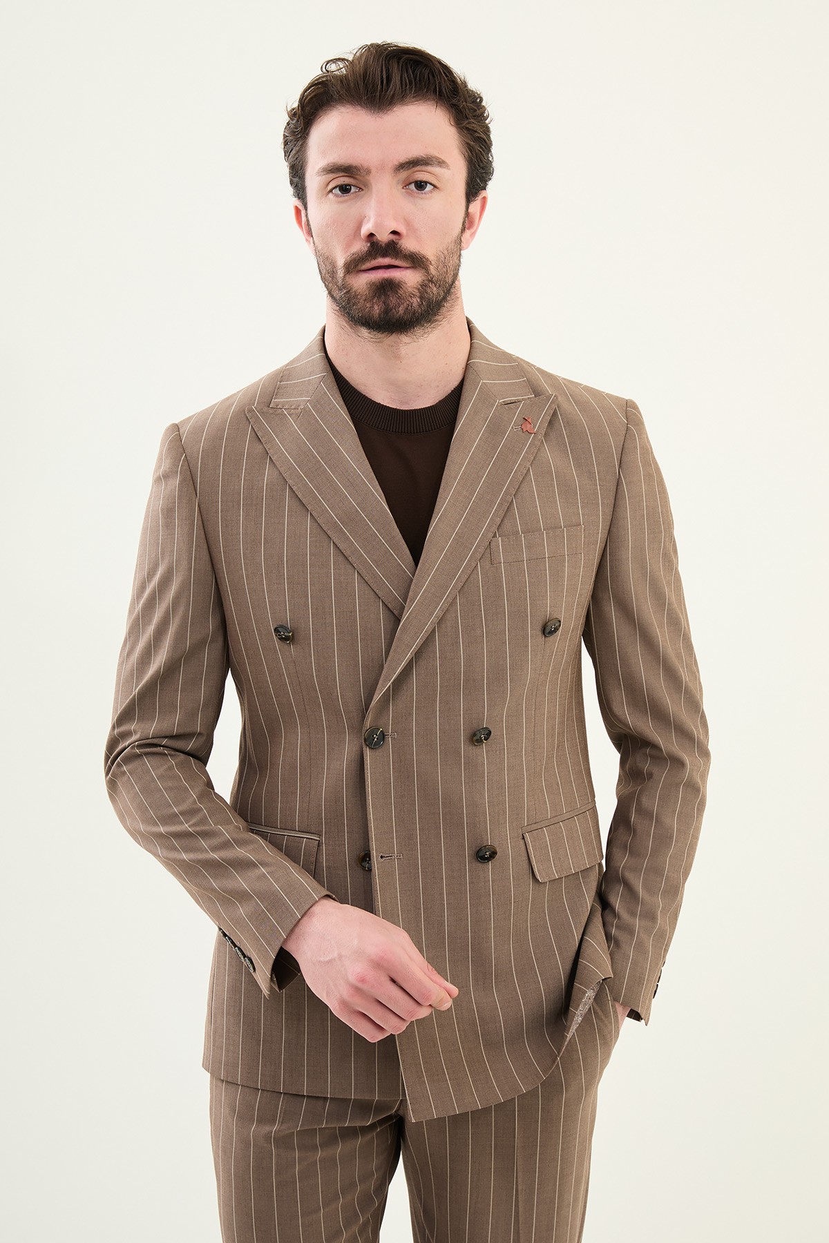 Çizgili Slim Fit Geniş Yaka Kruvaze Erkek Takım Elbise - Vizon