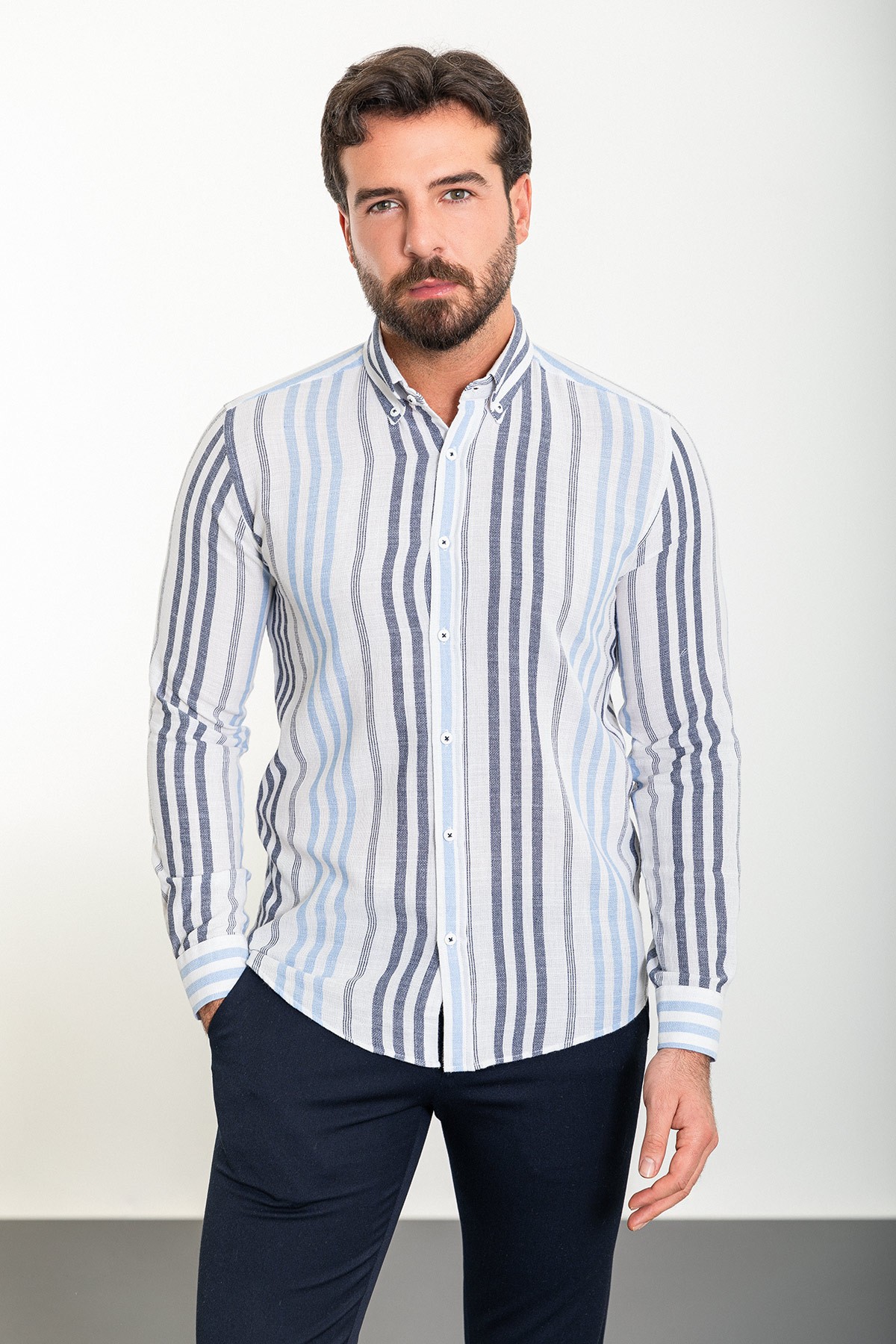 Çizgili Slim Fit Uzun Kollu Erkek Gömlek - Beyaz