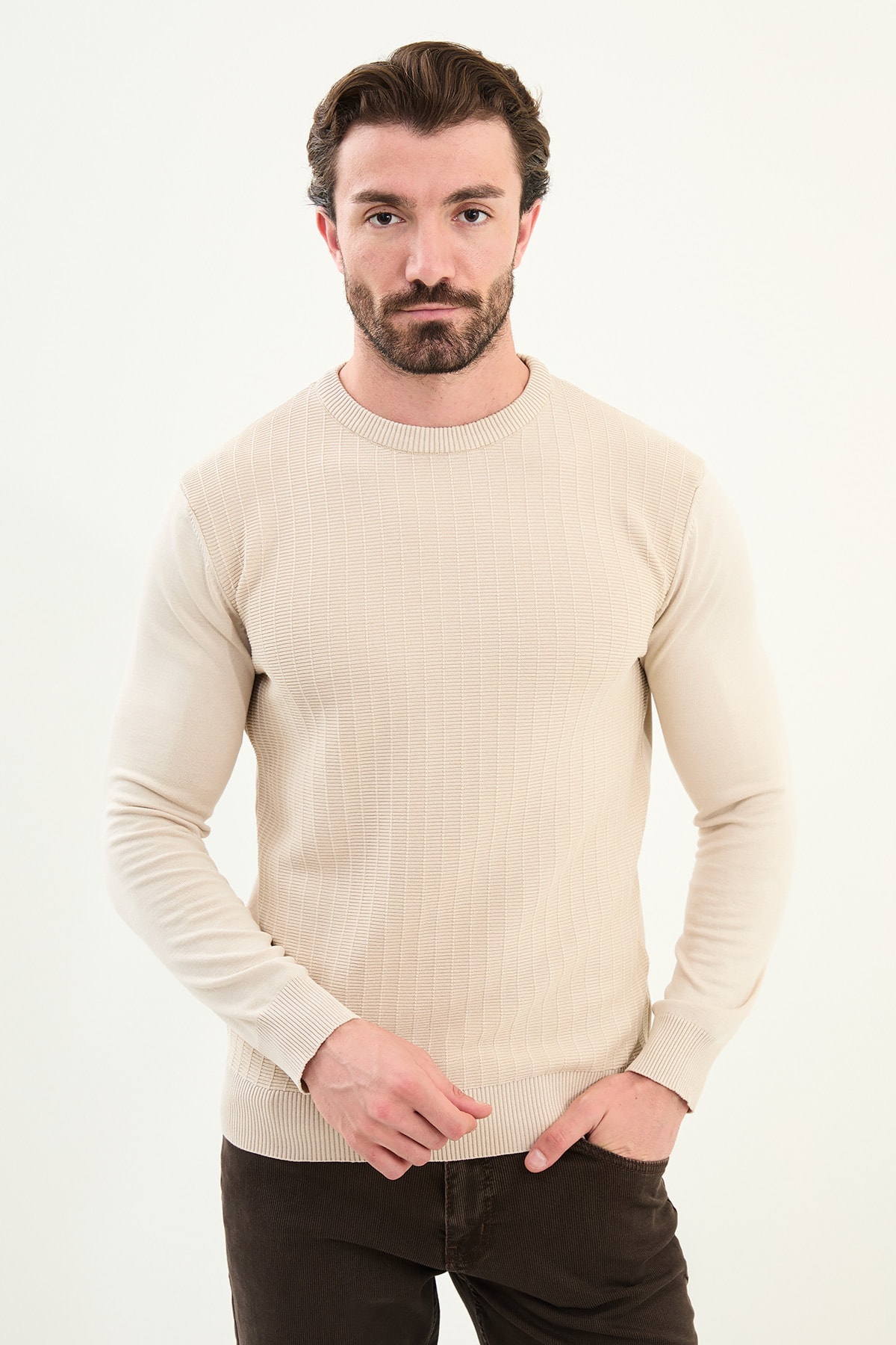 Desenli Slim Fit Bisiklet Yaka Erkek Triko Kazak - Bej