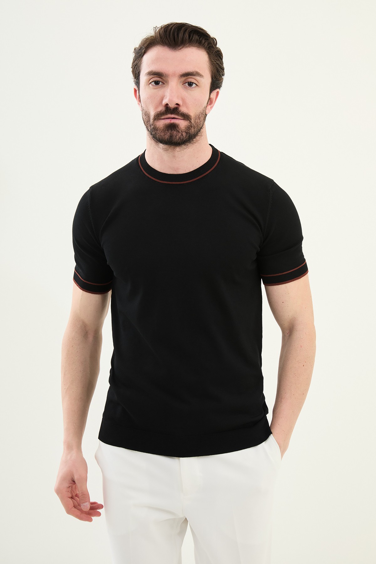 Düz Slim Fit Bisiklet Yaka Erkek Triko T-Shirt - Siyah-Kiremit