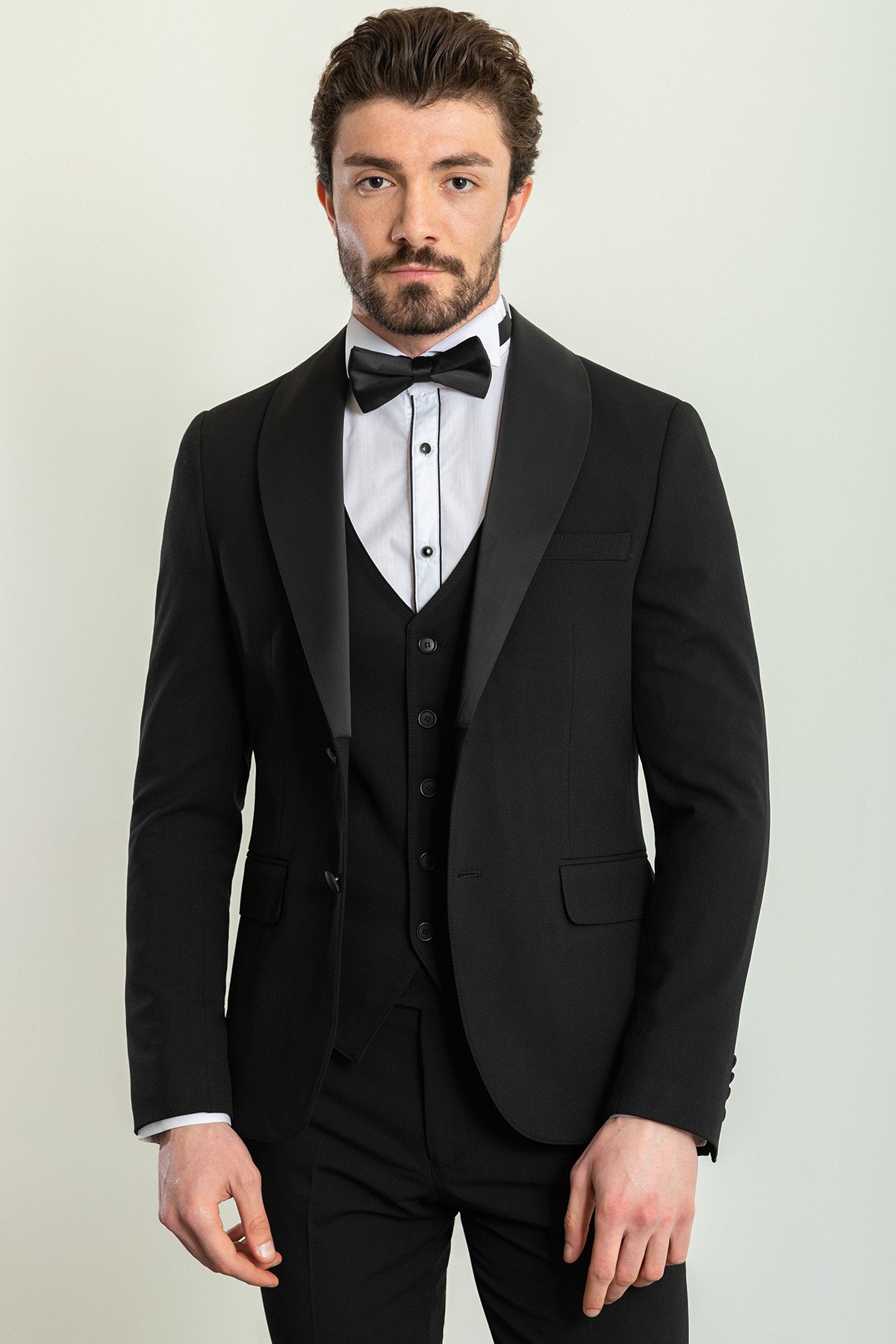 Düz Slim Fit Şal Yaka Saten Erkek Damatlık