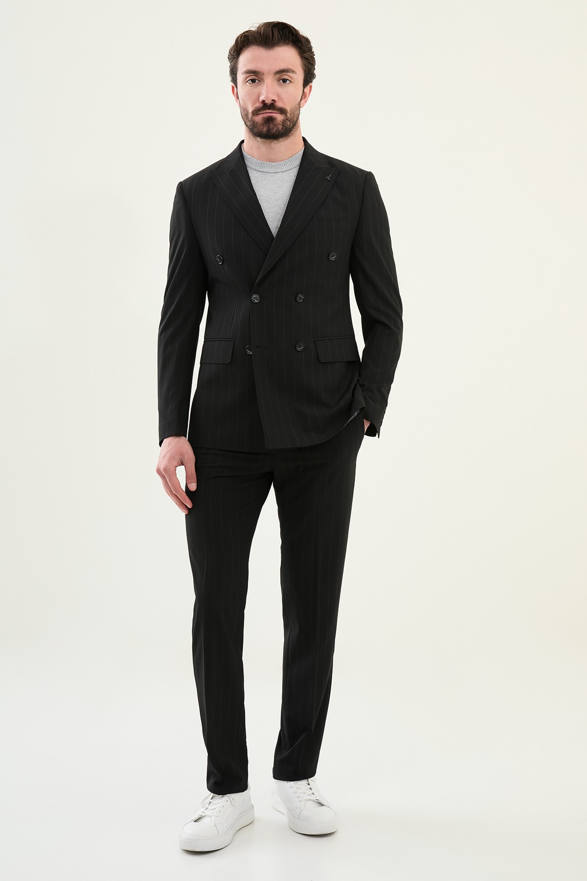 Çizgili Slim Fit Geniş Yaka Kruvaze Erkek Takım Elbise