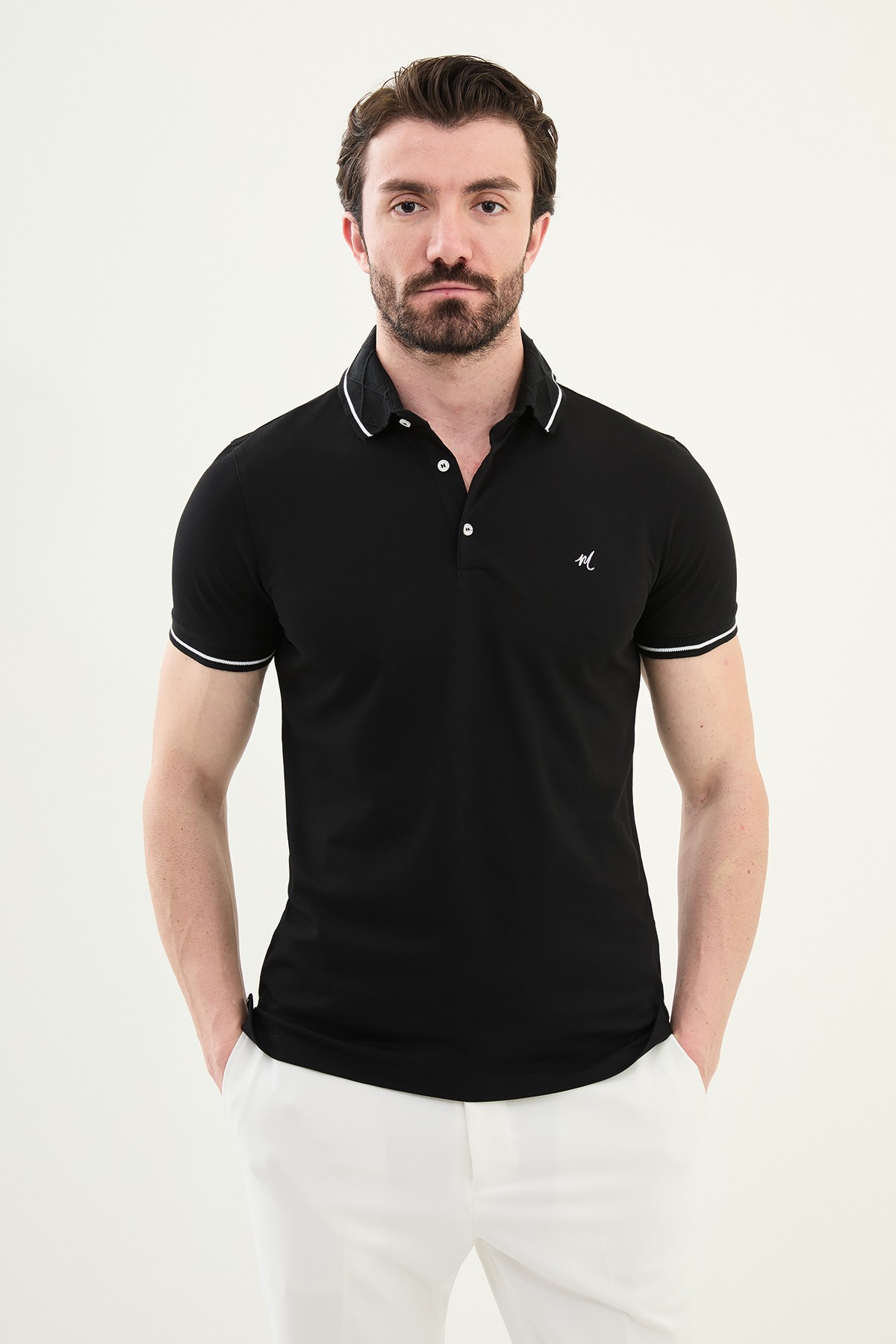 Düz Slim Fit Polo Yaka Pamuk Erkek T-Shirt - Siyah