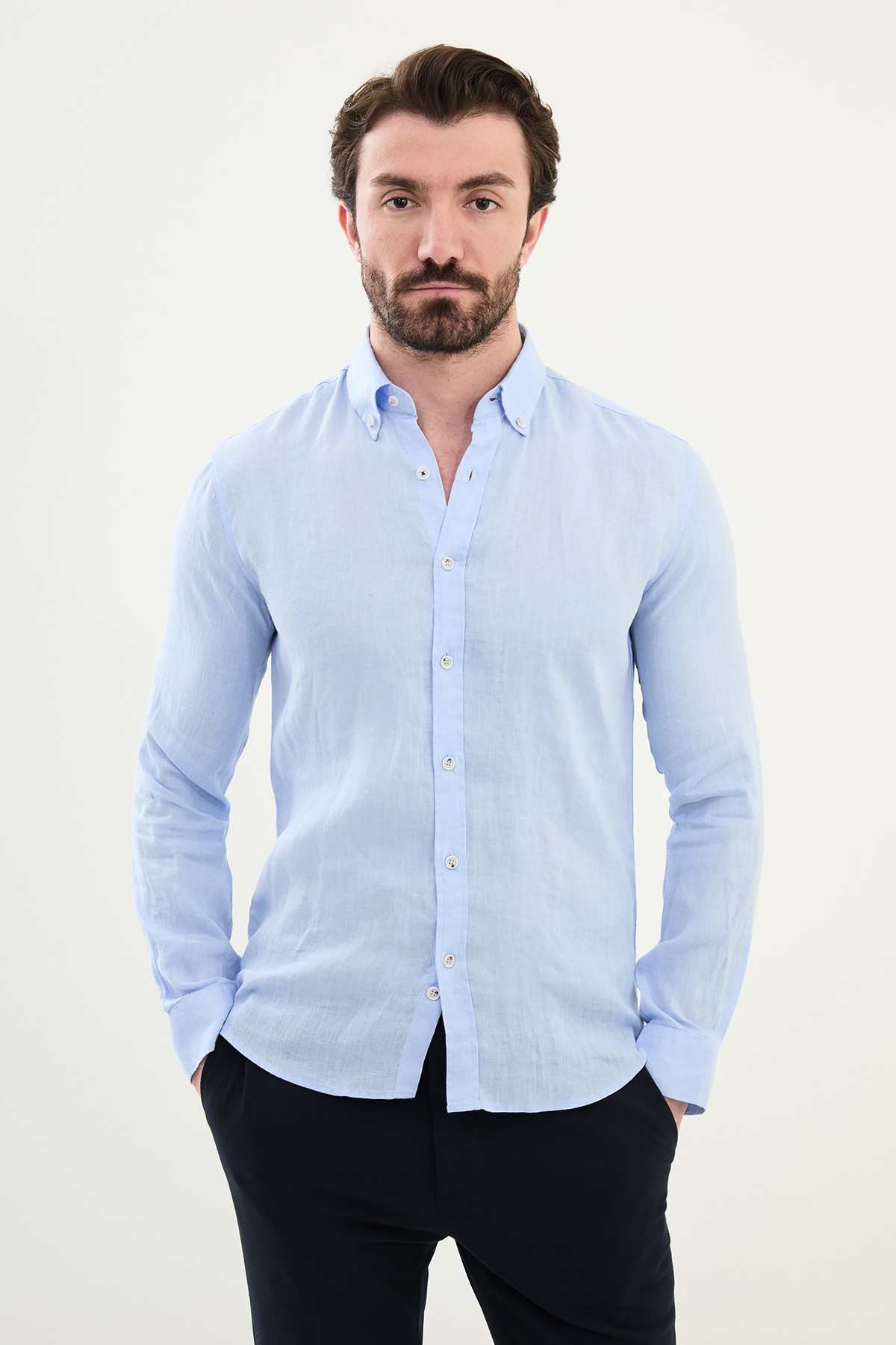 Düz Slim Fit %100 Keten Erkek Gömlek - Mavi