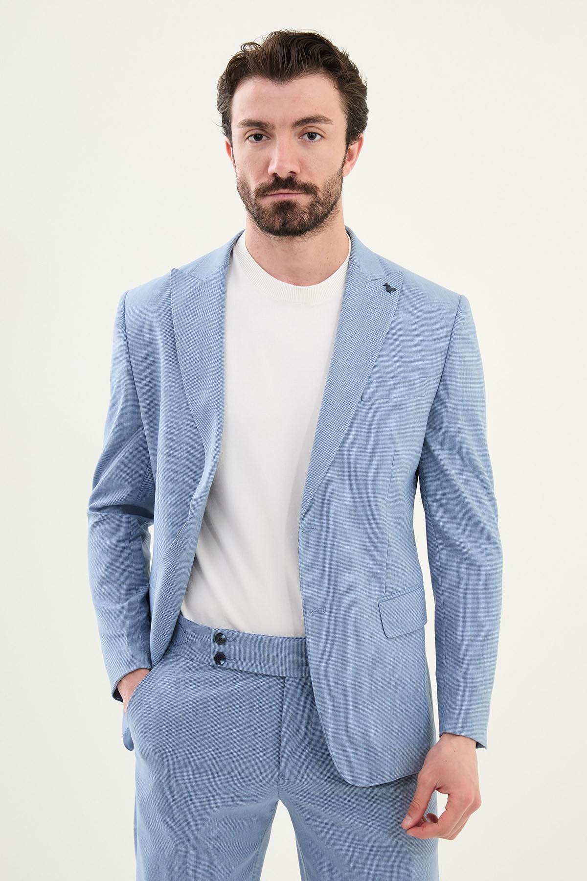 Desenli Slim Fit Geniş Yaka Erkek Takım Elbise - Mavi