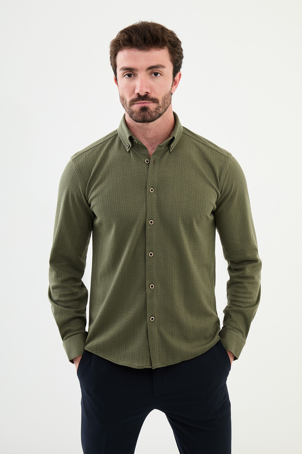Desenli Slim Fit Erkek Gömlek - Haki