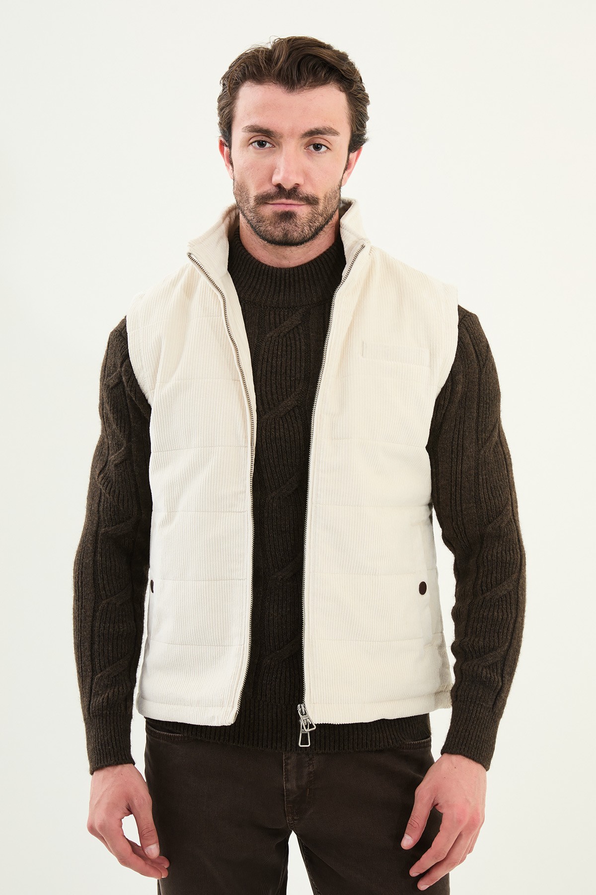 Düz Slim Fit Dik Yaka Kadife Erkek Yelek - Ekru