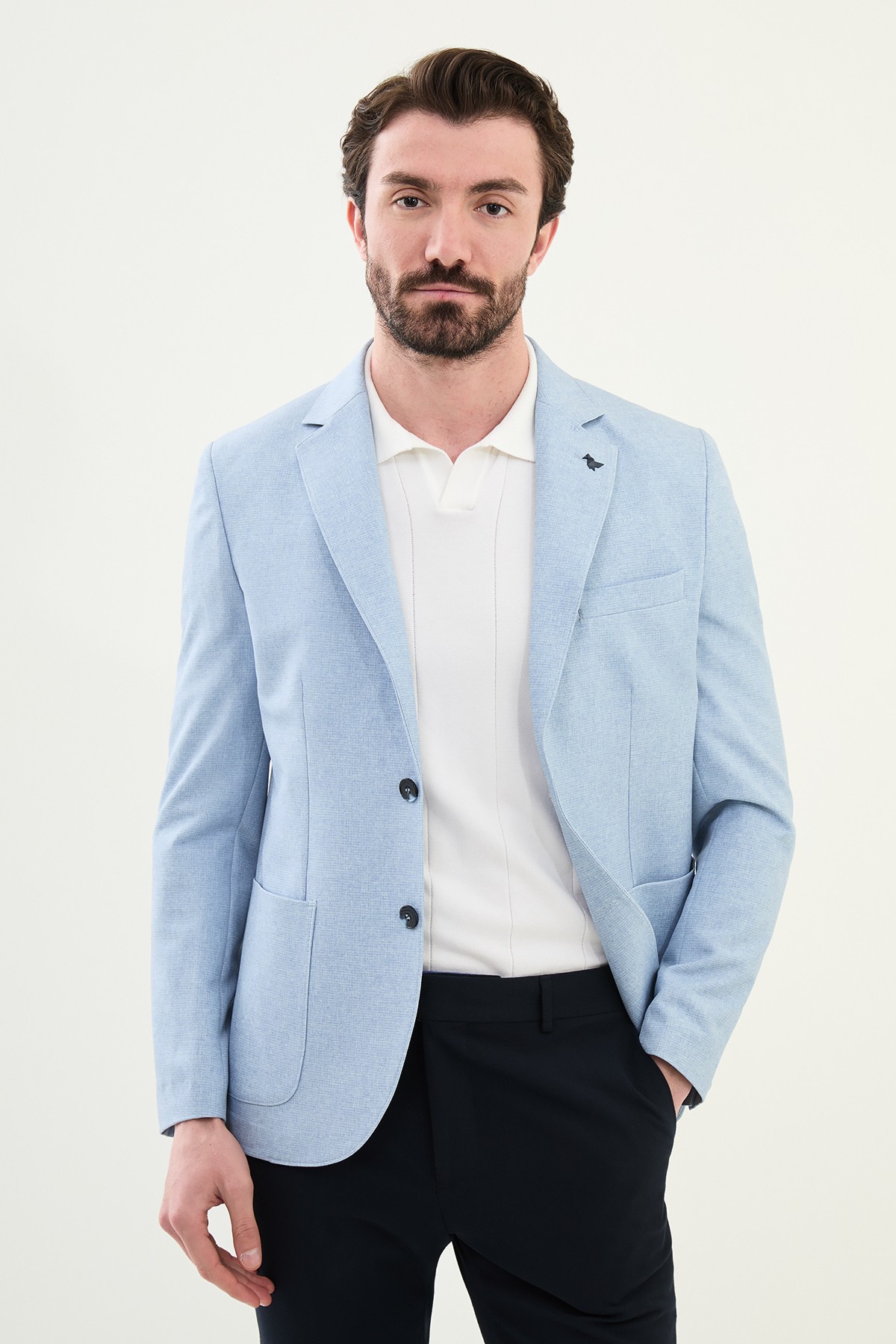 Desenli Slim Fit Torba Cep Mono Yaka Erkek Ceket - Mavi