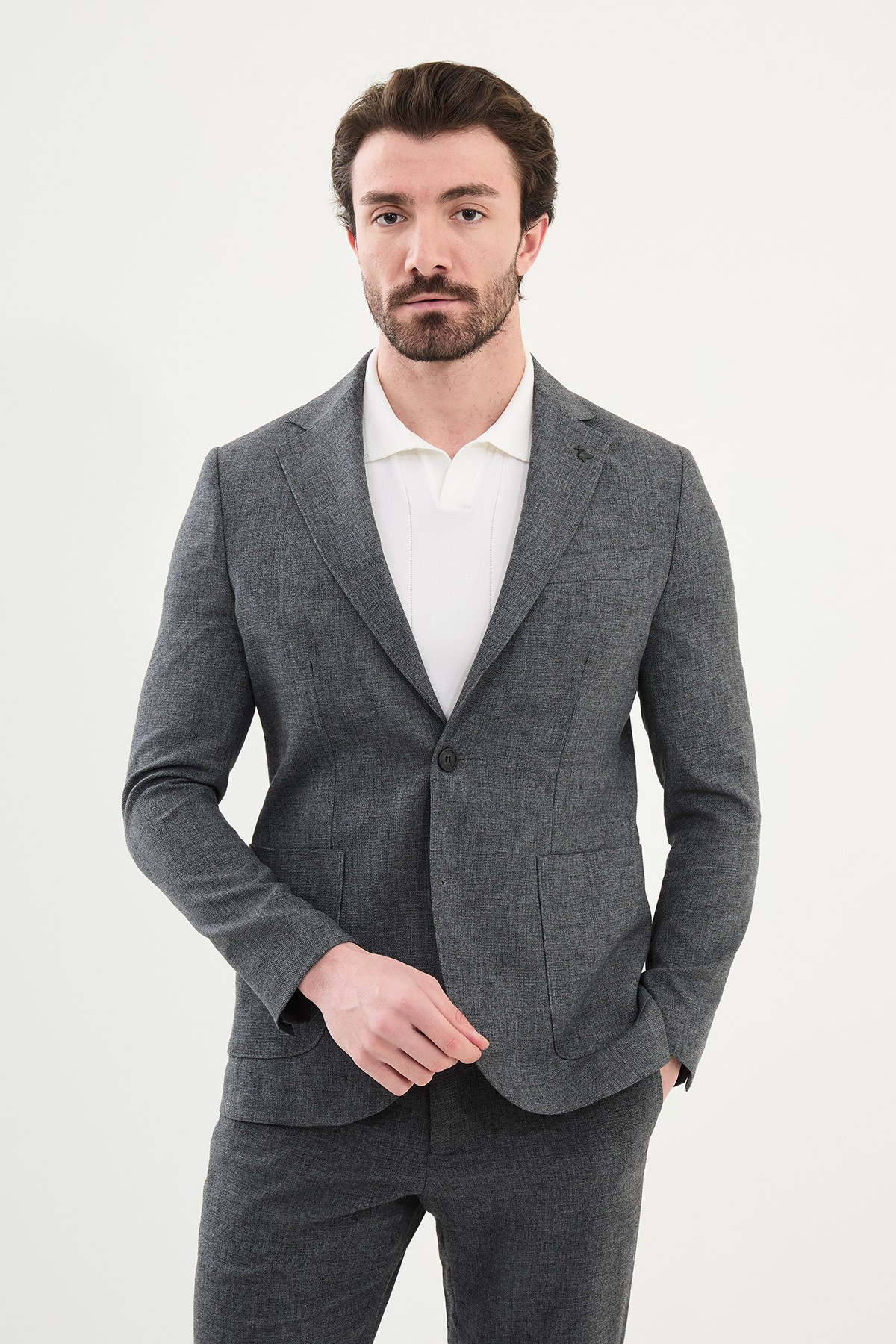 Desenli Slim Fit Torba Cep İpli Keten Erkek Takım Elbise
