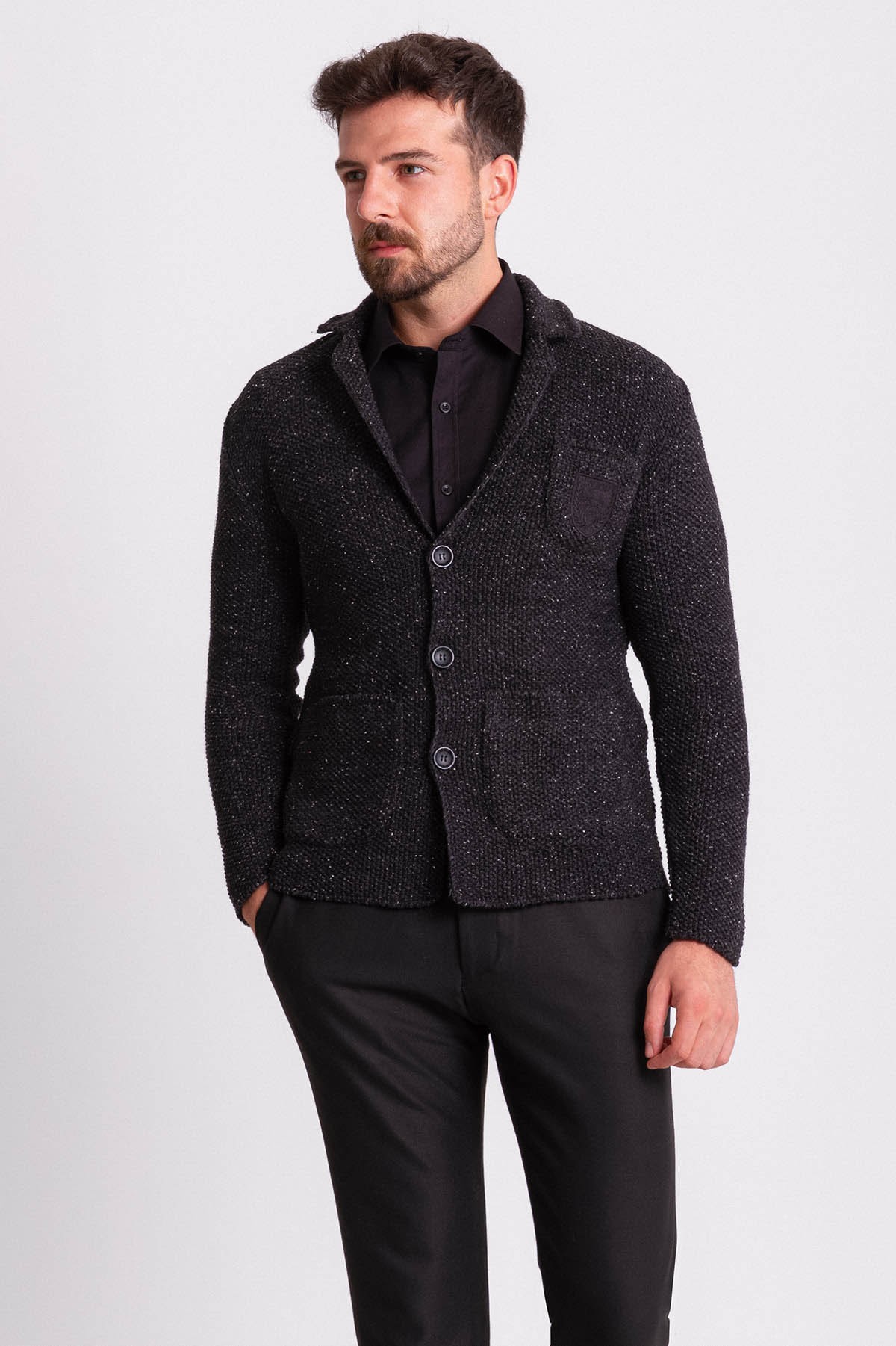 Kırçıllı Slim Fit Yün Erkek Triko Ceket - Füme