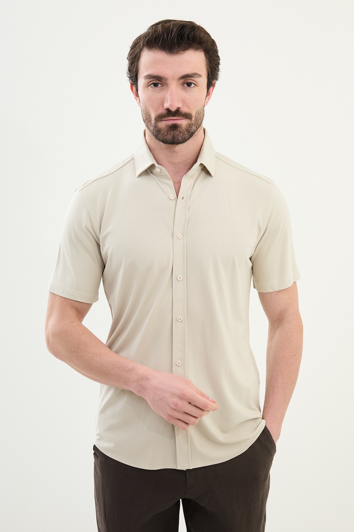 Düz Slim Fit Kısa Kollu Erkek Gömlek - Taş