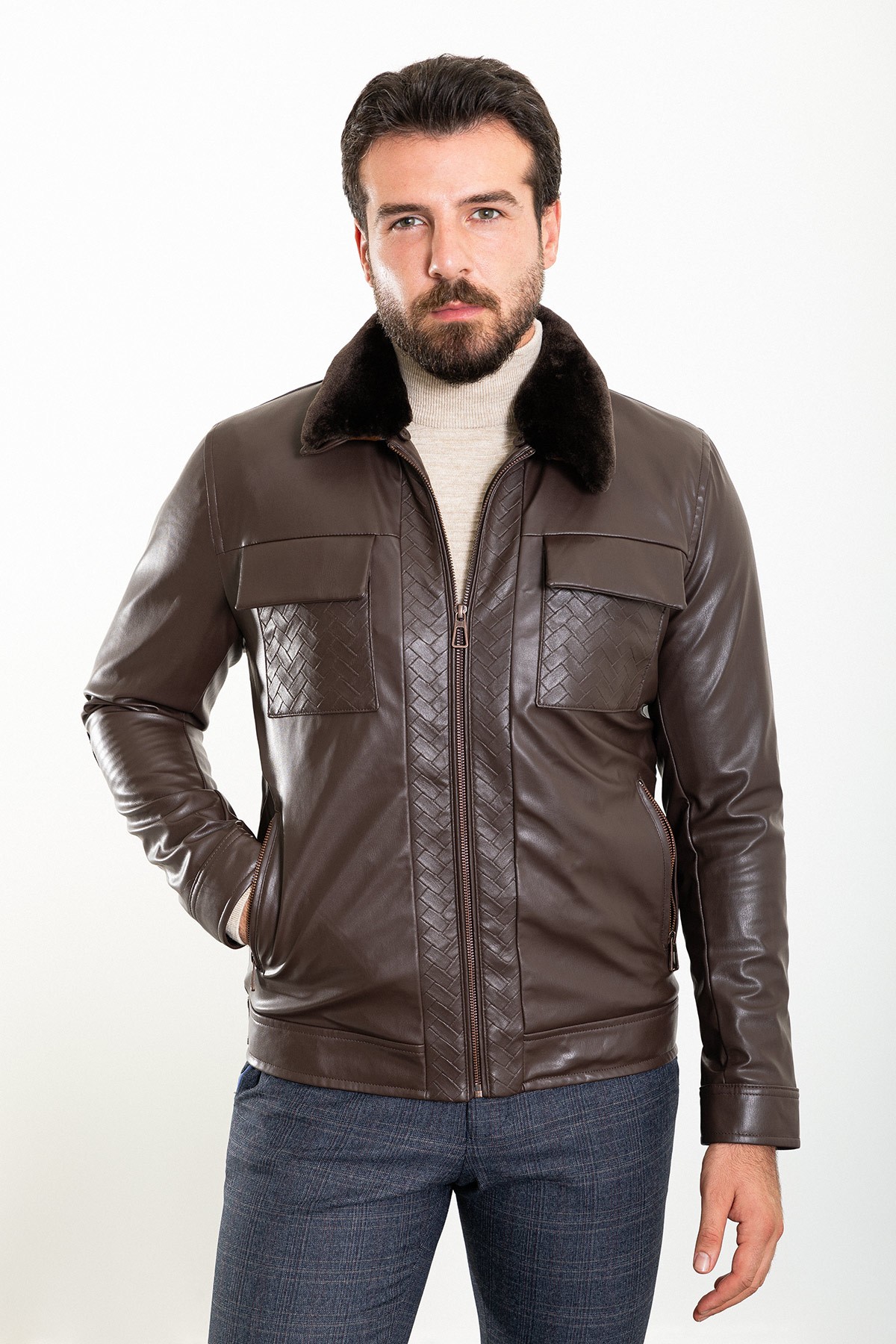 Desenli Slim Fit Kürklü Yaka Suni Deri Erkek Mont