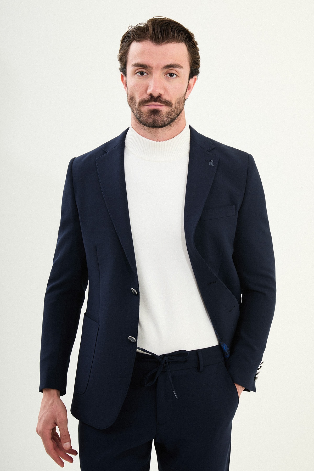 Düz Slim Fit Mono Yaka Torba Cepli Metal Düğmeli Erkek Ceket - Lacivert