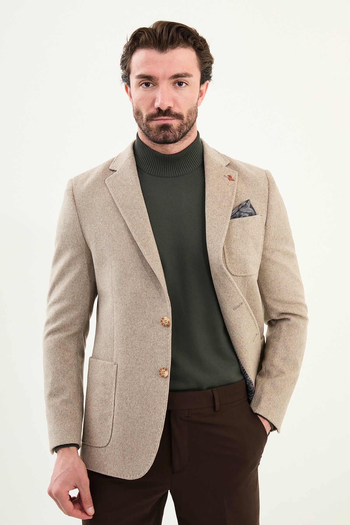 Düz Slim Fit Torba Cepli Mendil Detaylı Yün Erkek Ceket - Bej