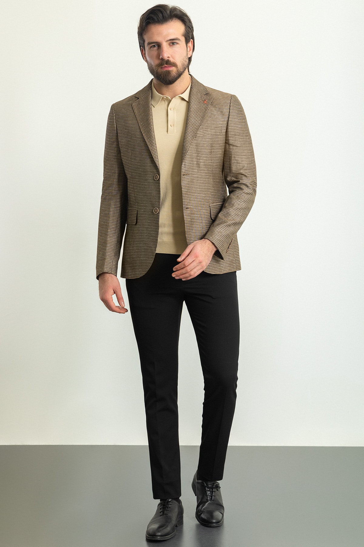 Kareli Slim Fit Mono Yaka Keten Erkek Ceket - Kahverengi