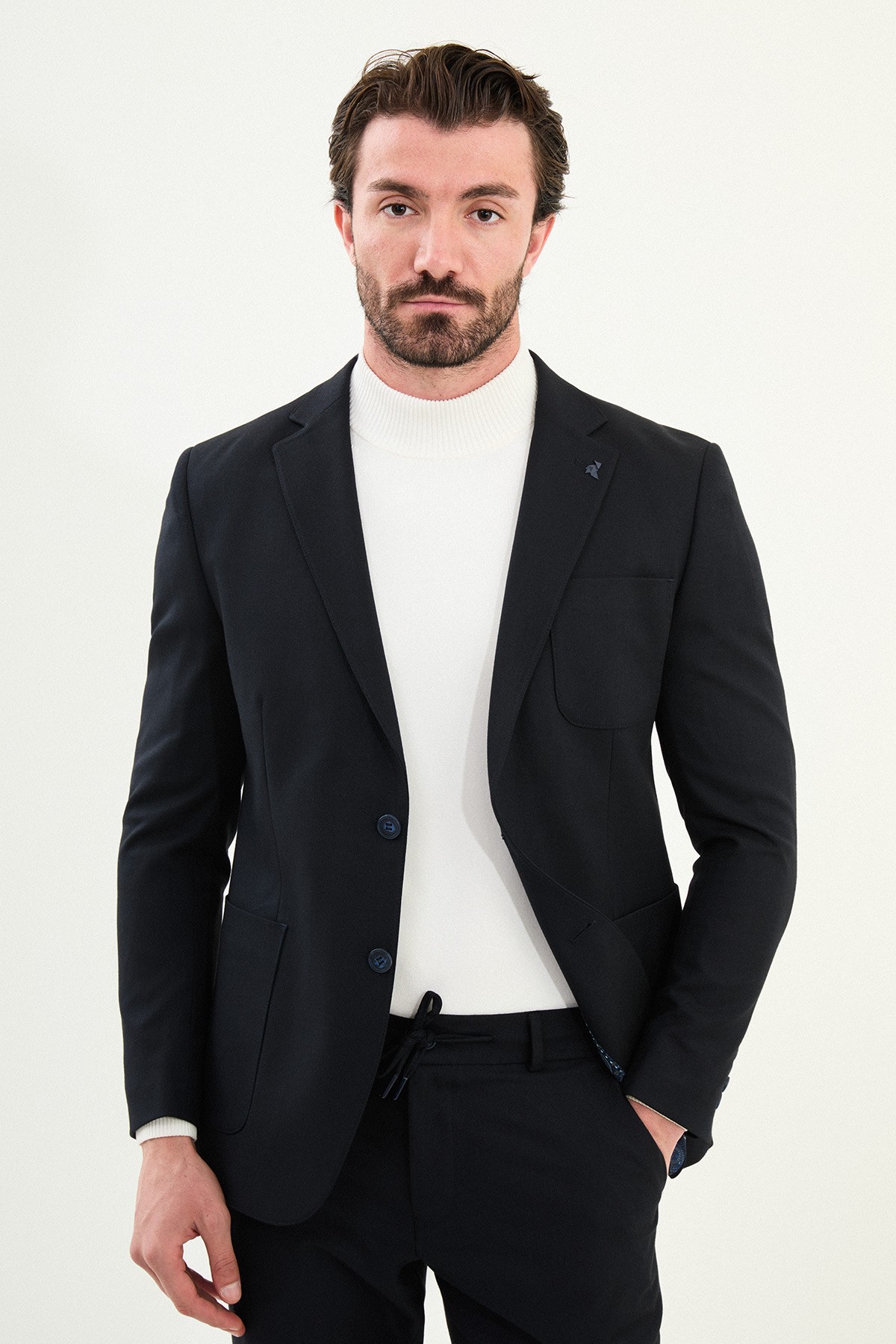 Düz Slim Fit Torba Cep Beli Lastikli İpli Yün Erkek Takım Elbise - Lacivert