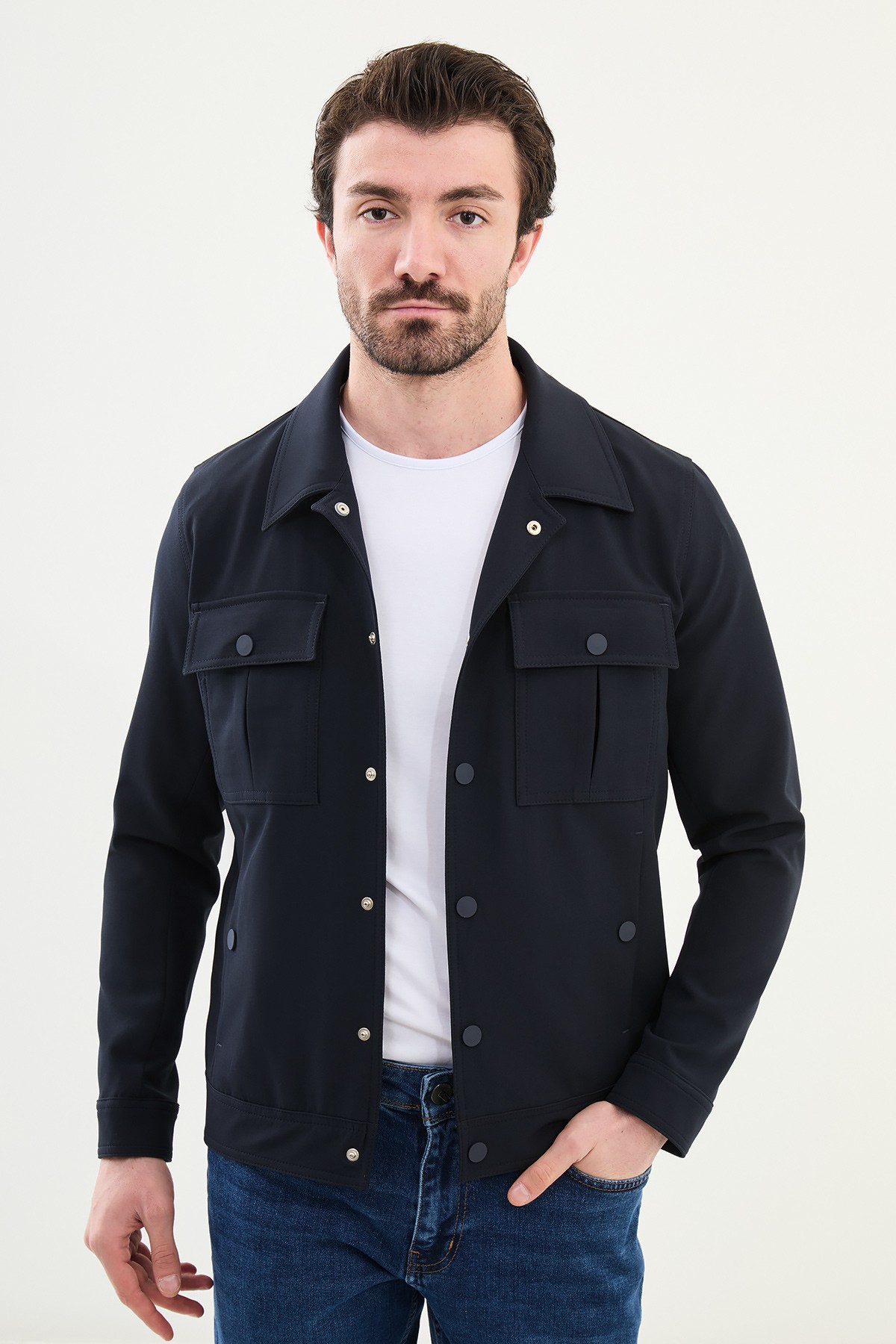 Düz Slim Fit Gömlek Yaka Erkek Mont - Lacivert