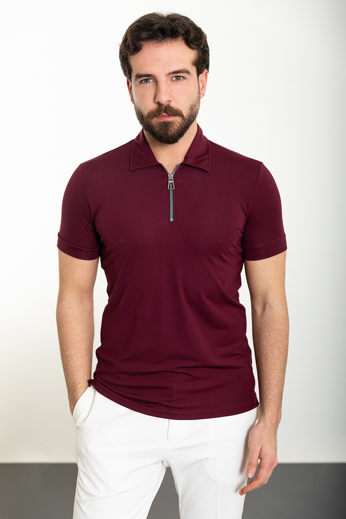 Düz Slim Fit Fermuarlı Polo Yaka Erkek T-Shirt - Bordo