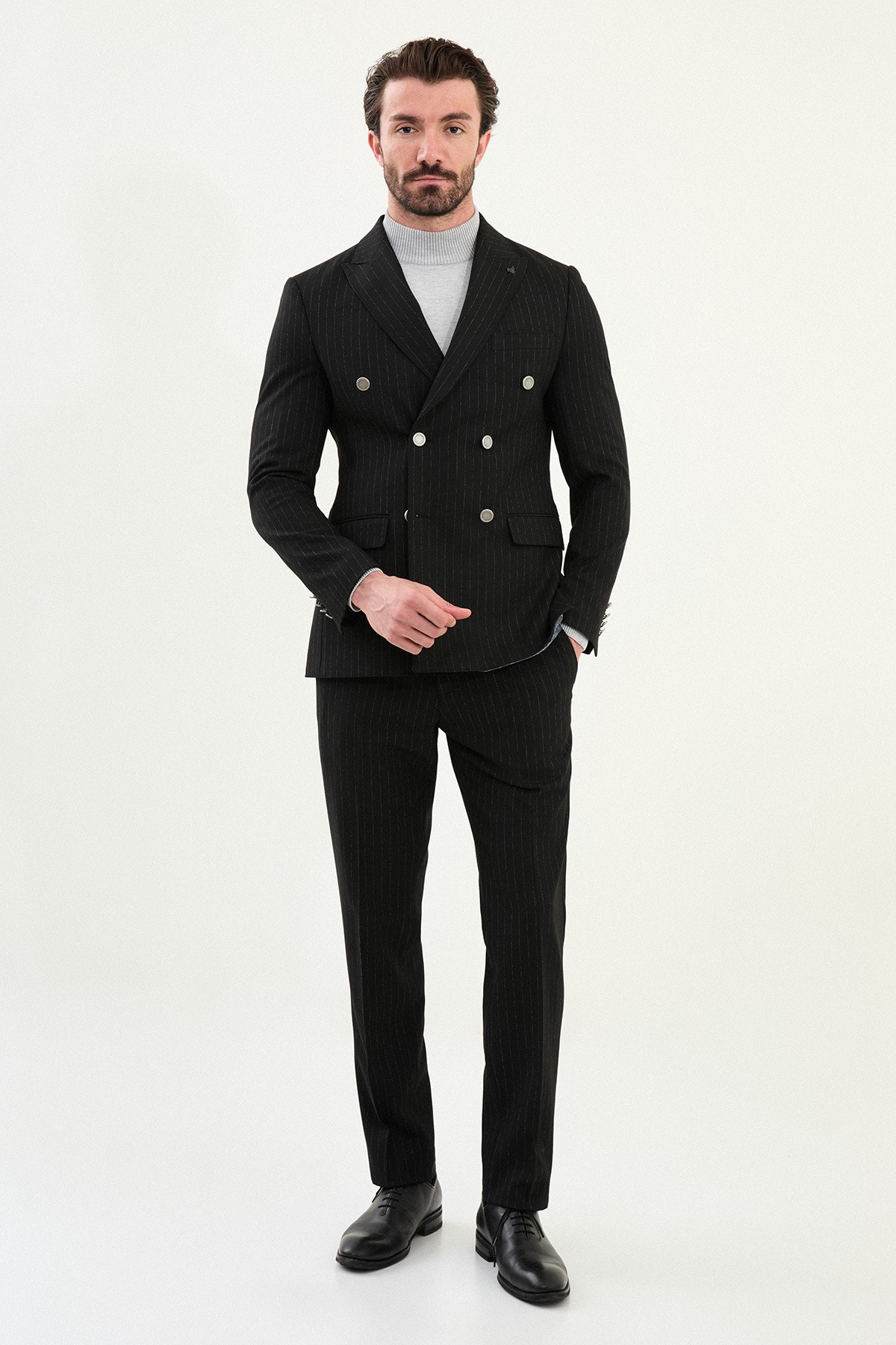 Çizgili Slim Fit Geniş Yaka Kruvaze Metal Düğmeli Erkek Takım Elbise