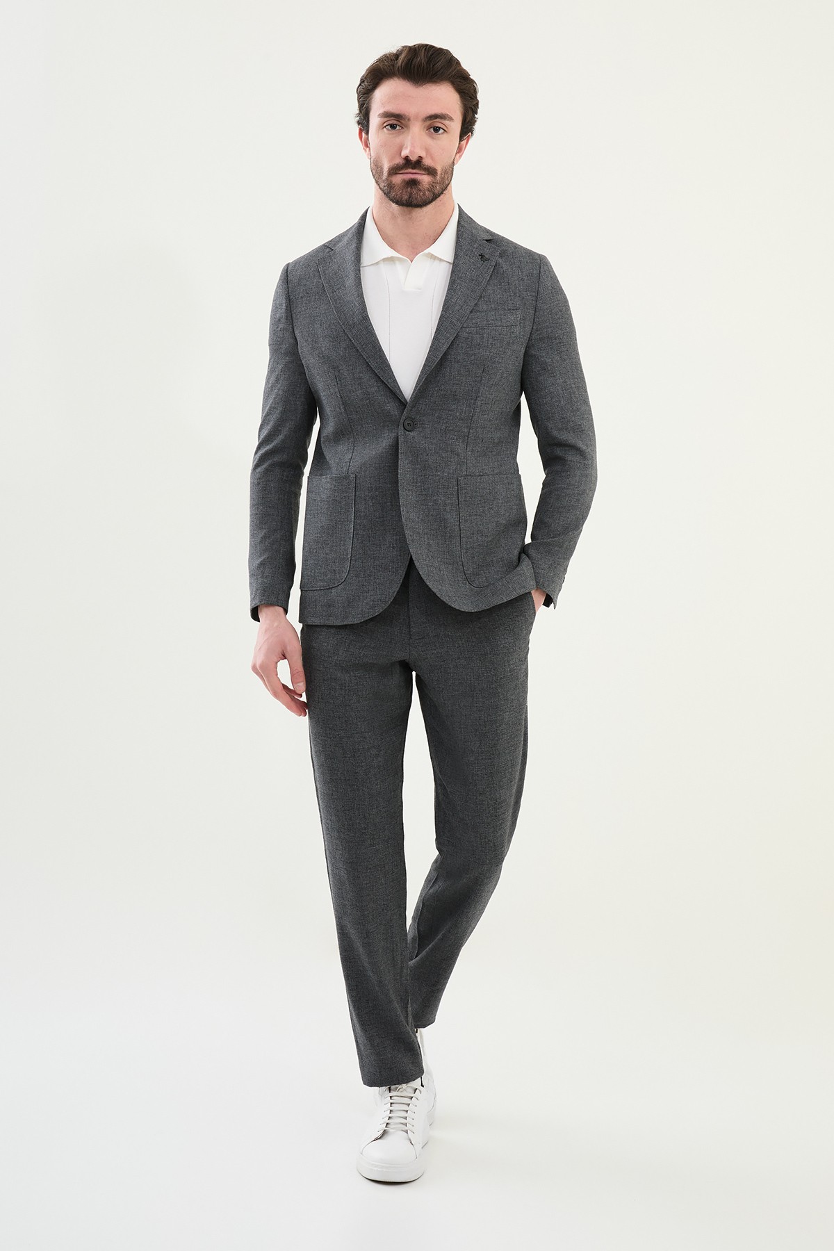 Desenli Slim Fit Torba Cep İpli Keten Erkek Takım Elbise