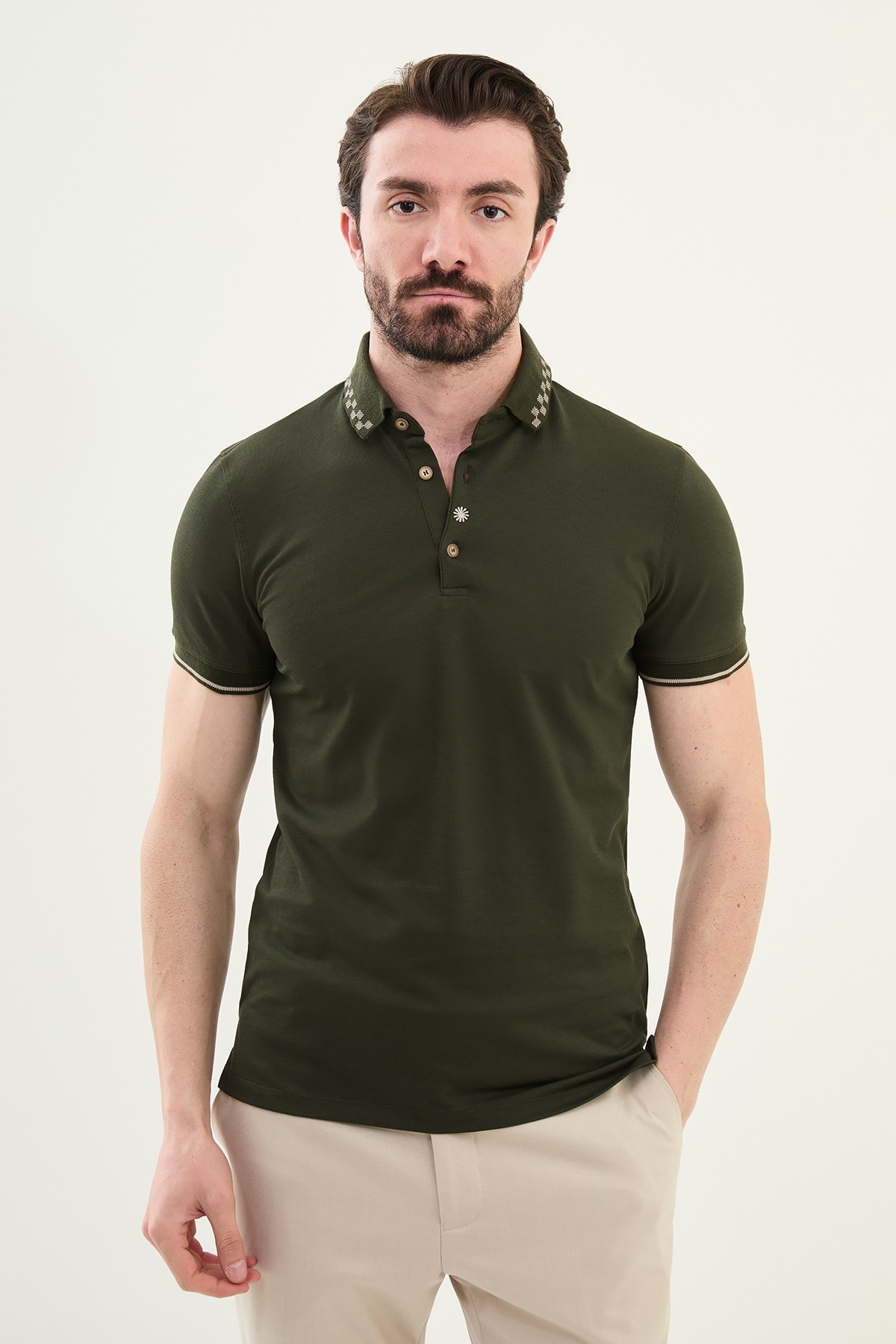 Düz Slim Fit Polo Yaka Pamuk Erkek T-Shirt - Haki