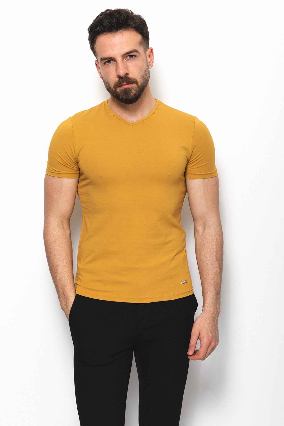 Düz Super Slim Fit V Yaka Basic Erkek T-Shirt - Hardal