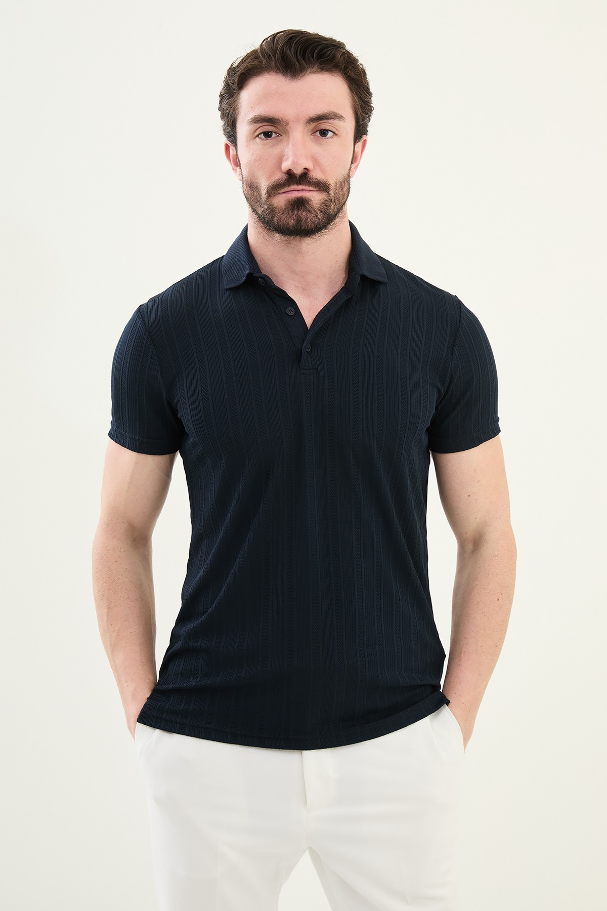 Çizgili Slim Fit Polo Yaka Erkek T-Shirt - Lacivert