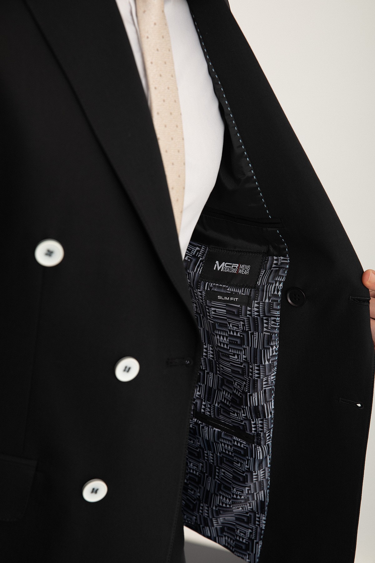 Düz Slim Fit Geniş Yaka Kruvaze Erkek Takım Elbise