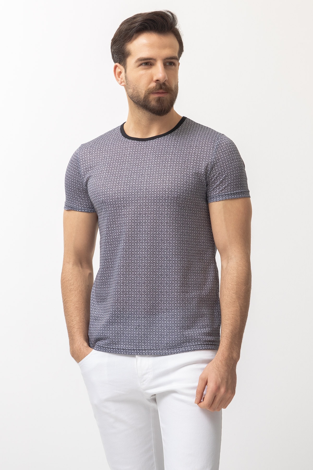 Desenli Slim Fit Bisiklet Yaka Erkek T-Shirt - Siyah
