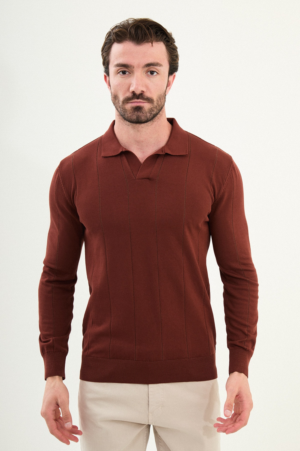 Çizgili Slim Fit Apaç Yaka Erkek Kazak - Kiremit
