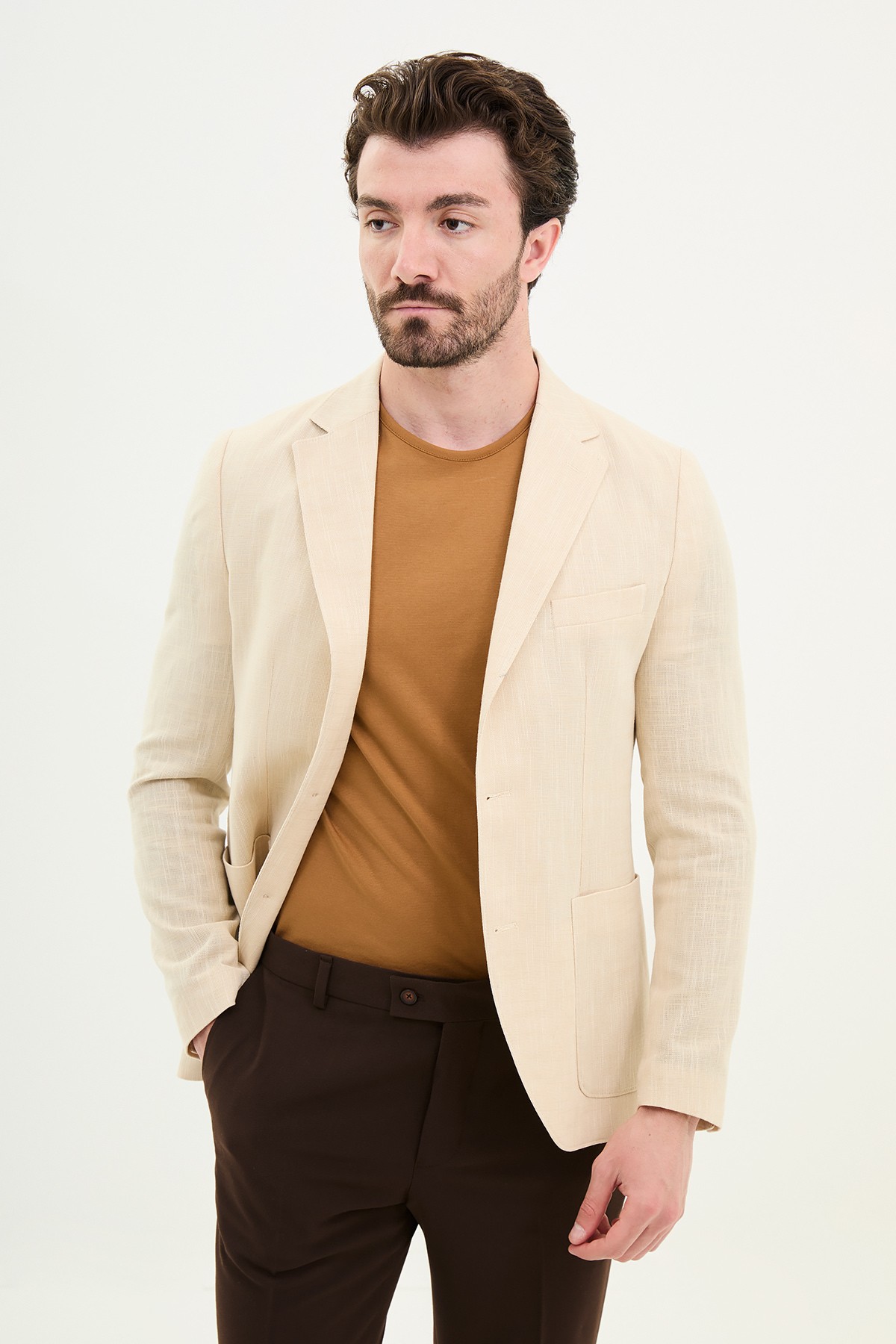 Desenli Slim Fit Torba Cep Keten Erkek Ceket