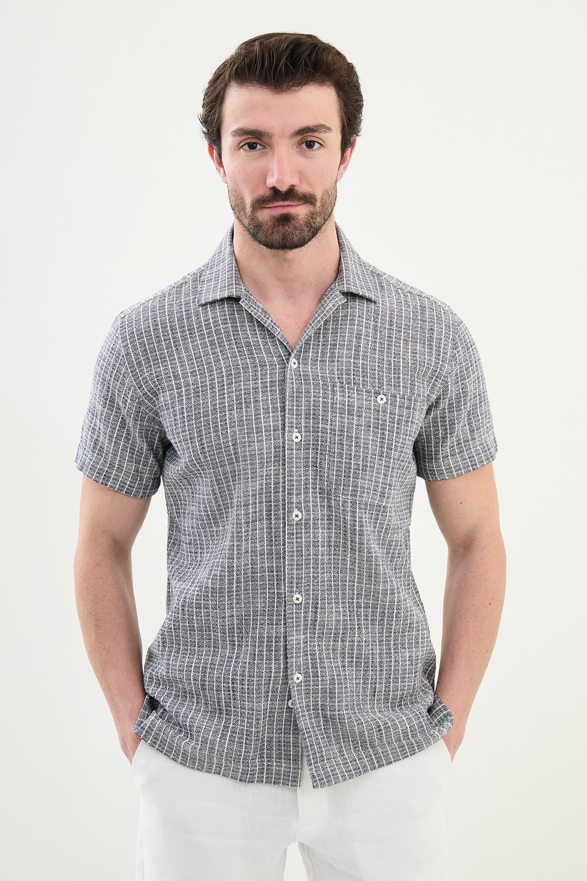 Çizgili Slim Fit Kısa Kollu Keten Erkek Gömlek - Lacivert