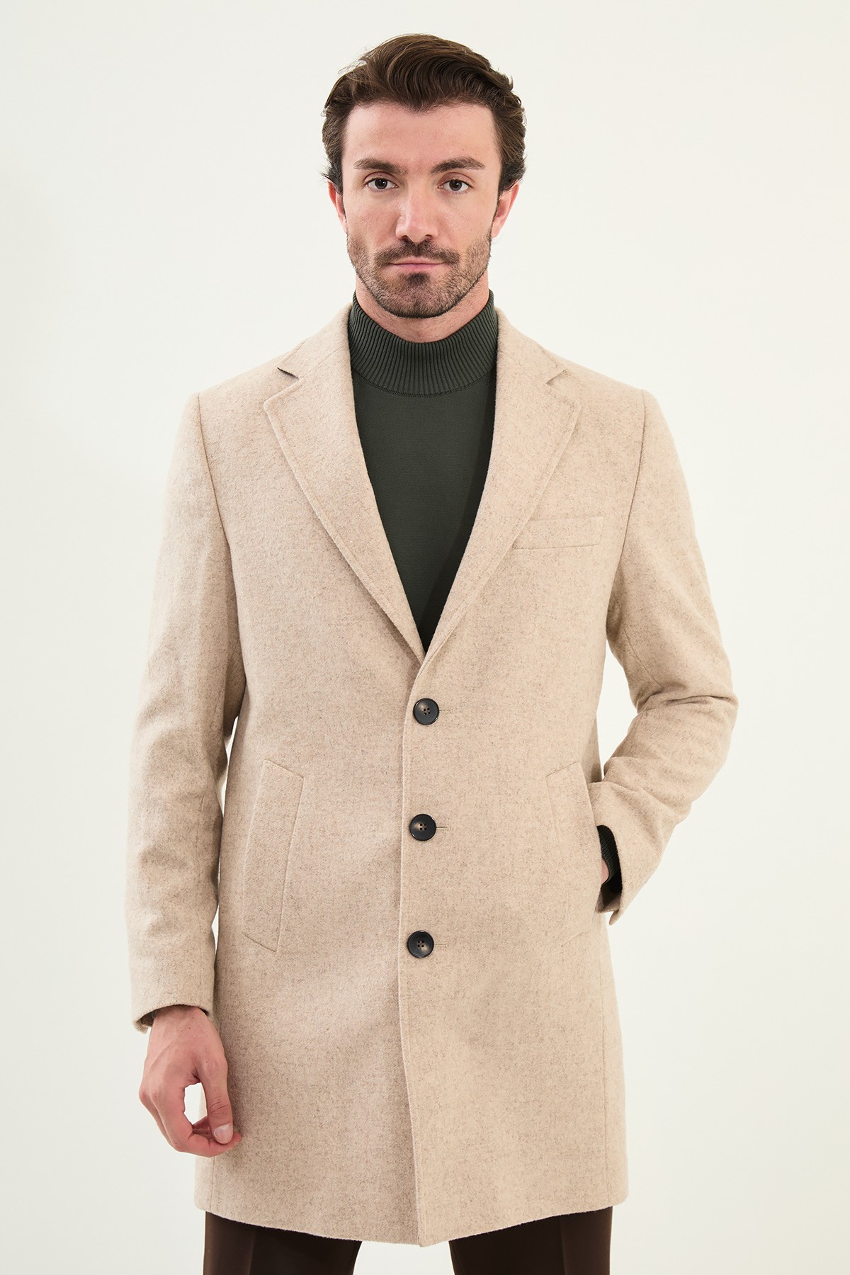 Düz Slim Fit Mono Yaka Klasik Yün Erkek Kaban - Bej