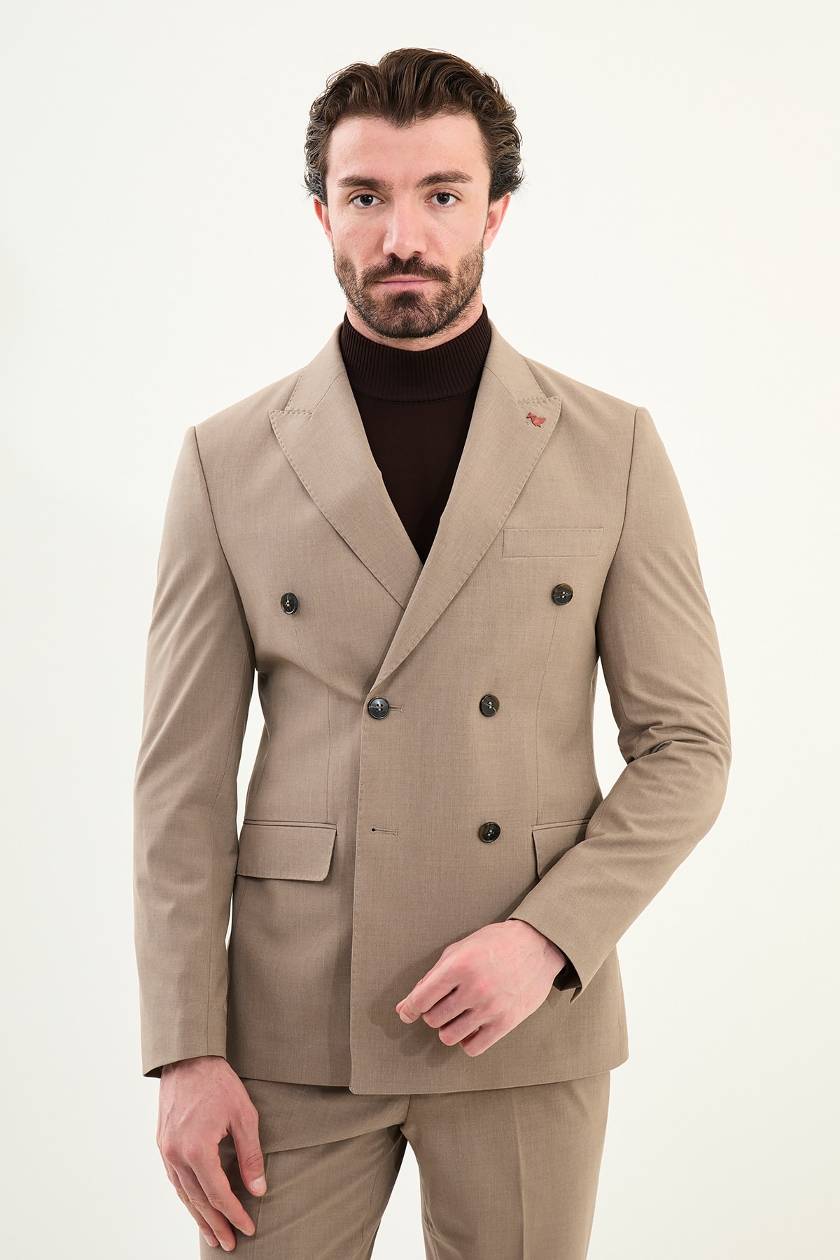Düz Slim Fit Geniş Yaka Kruvaze Erkek Takım Elbise - Vizon