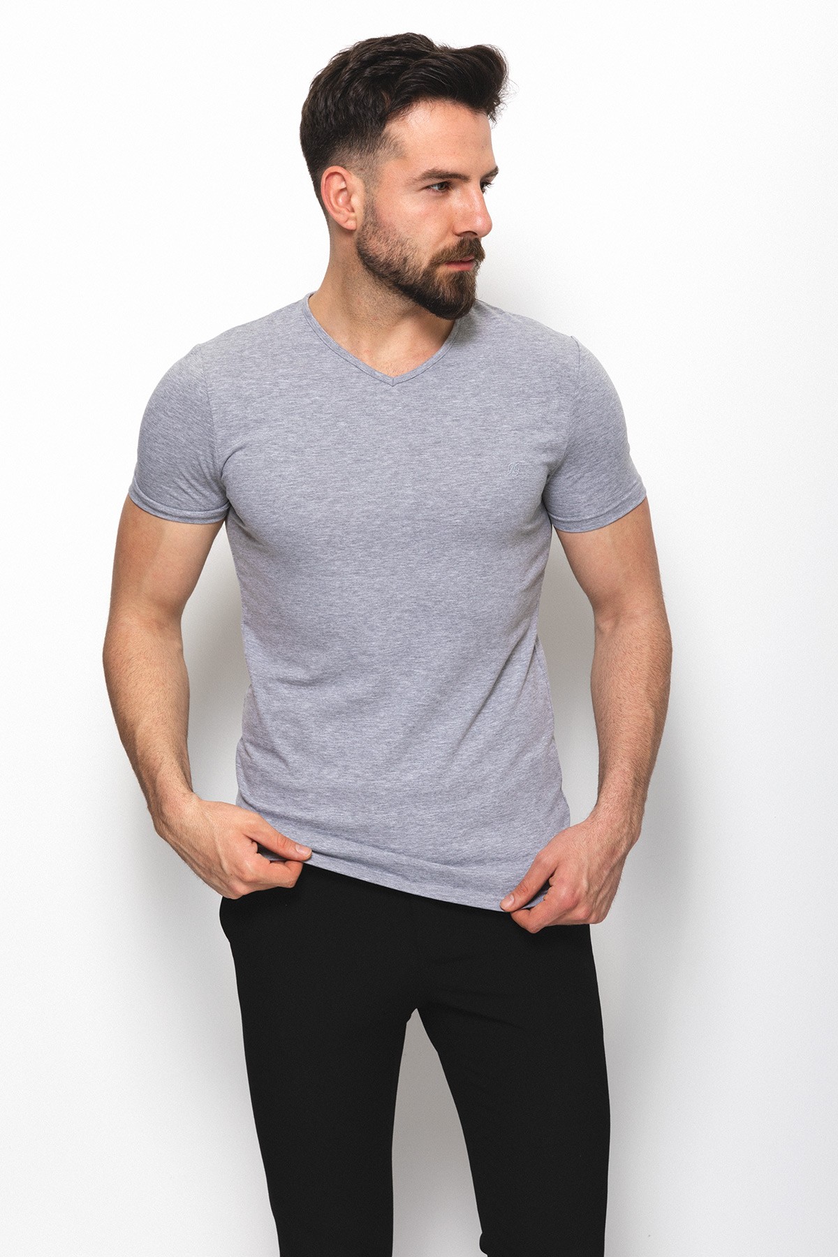 Düz Super Slim Fit V Yaka Basic Erkek T-Shirt - Gri