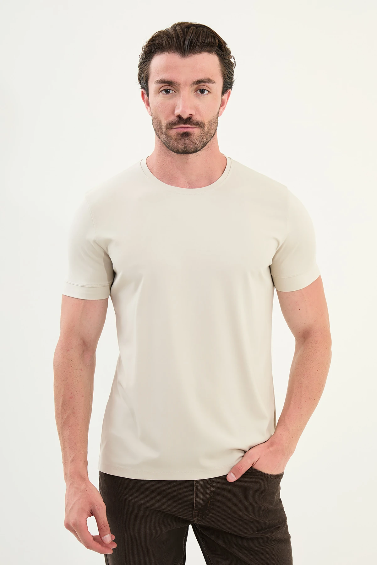 Düz Slim Fit Bisiklet Yaka Basic Erkek T-Shirt - Taş