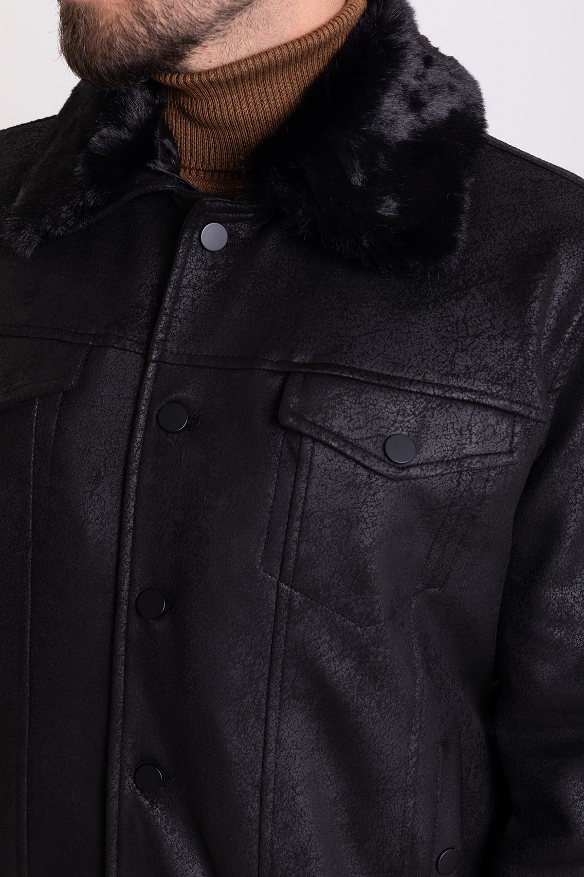 Slim Fit Kürk Detaylı Gömlek Yaka Nubuk Erkek Mont