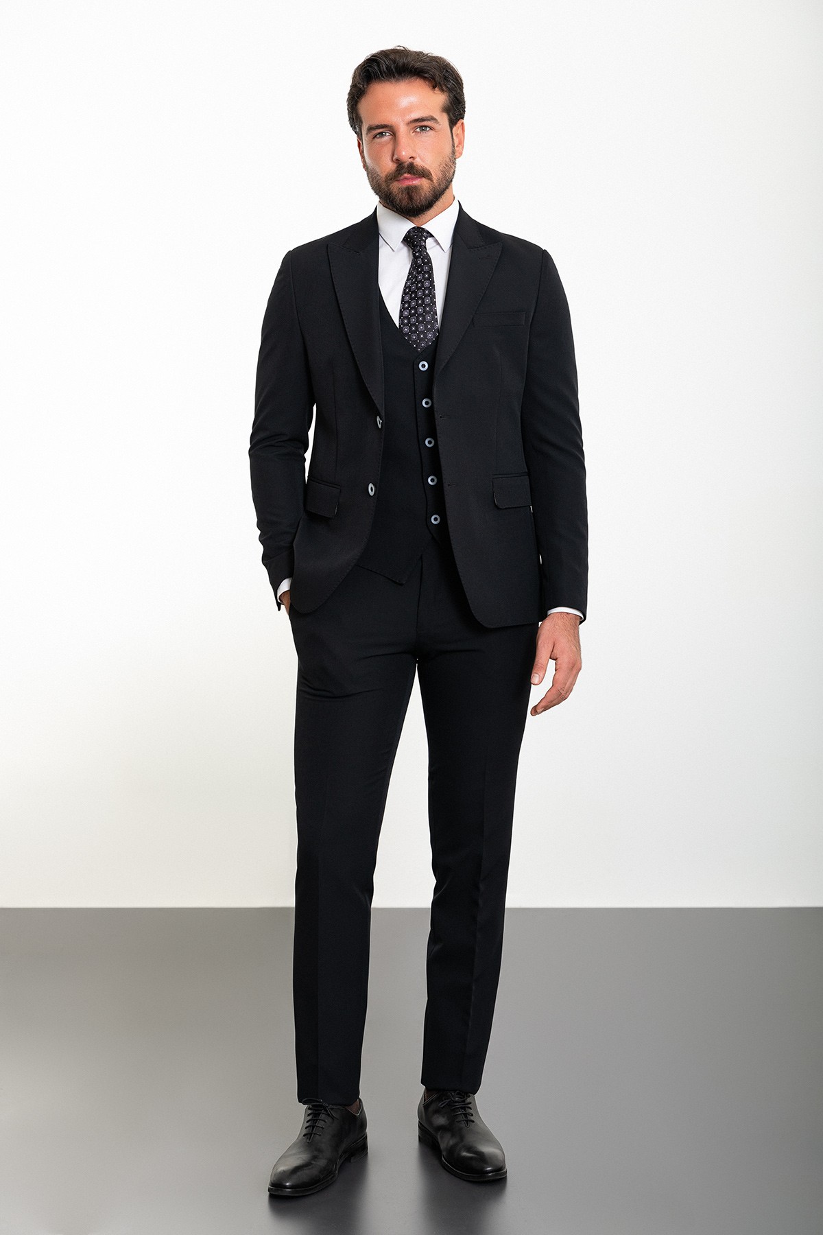 Düz Slim Fit Geniş Yaka Punto Dikişli Yün Erkek Takım Elbise - Siyah