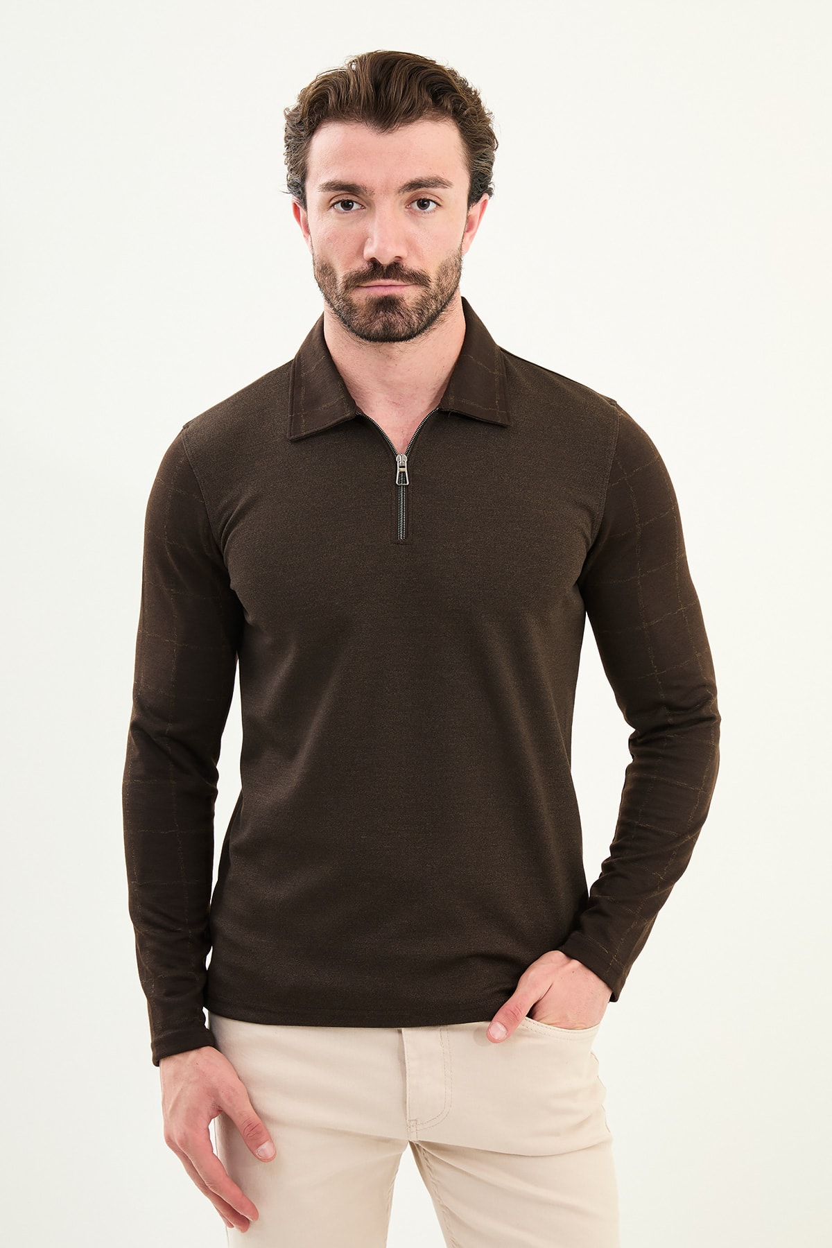 Kareli Kol Desenli Slim Fit Polo Yaka Fermuarlı Uzun Kollu Erkek T-Shirt - Kahverengi