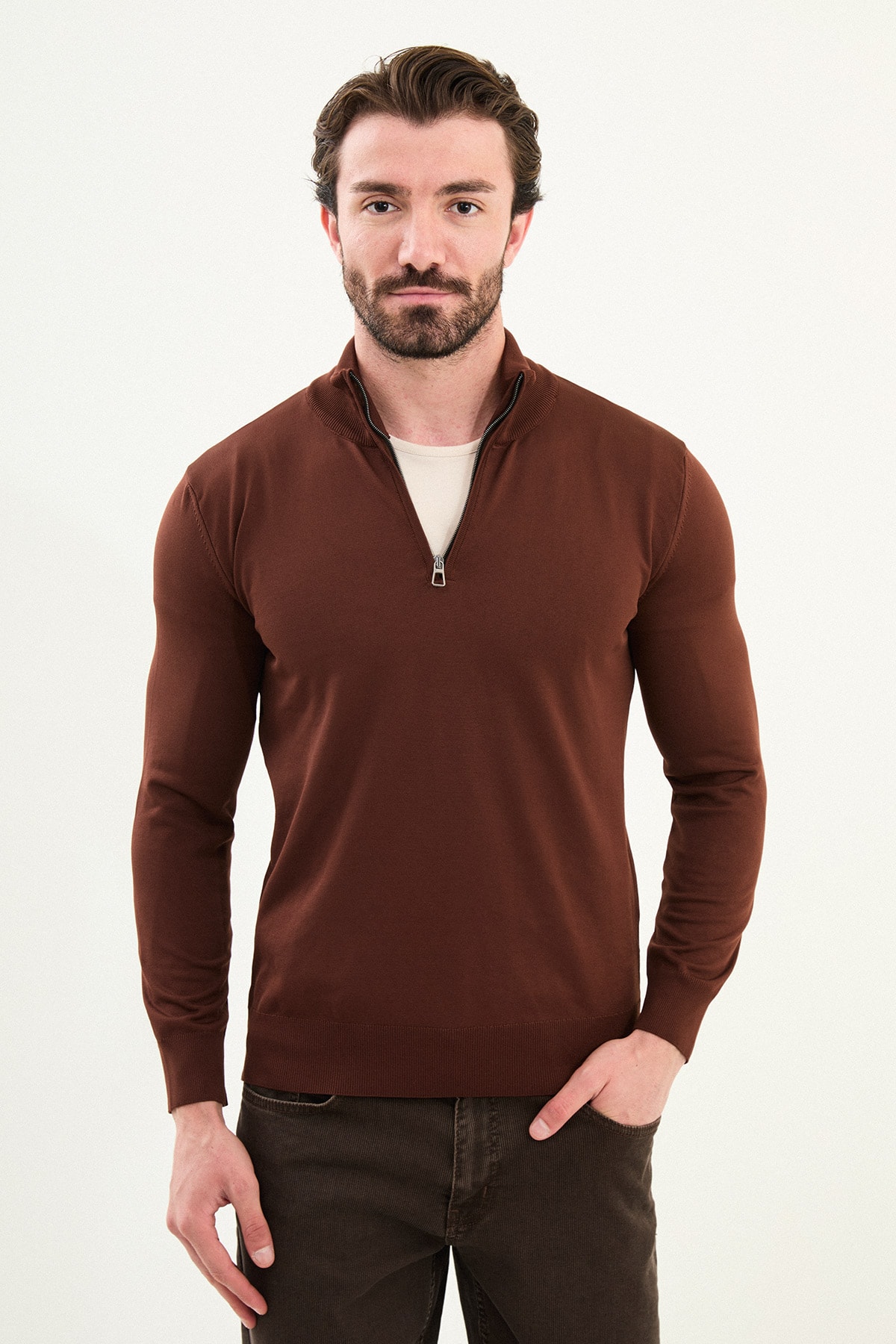 Düz Slim Fit Fermuarlı Yarım Balıkçı Erkek Triko Kazak - Kiremit