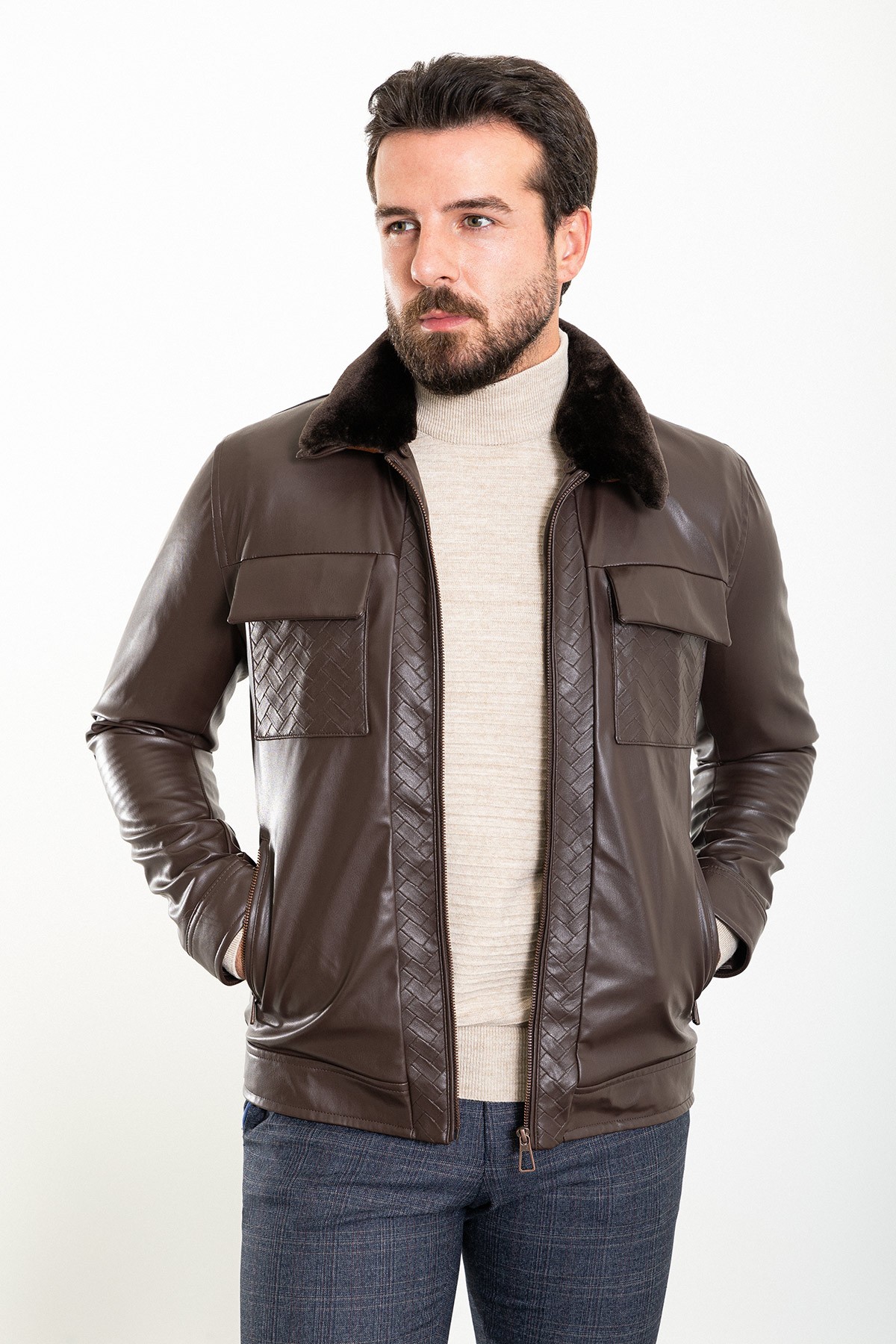 Desenli Slim Fit Kürklü Yaka Suni Deri Erkek Mont