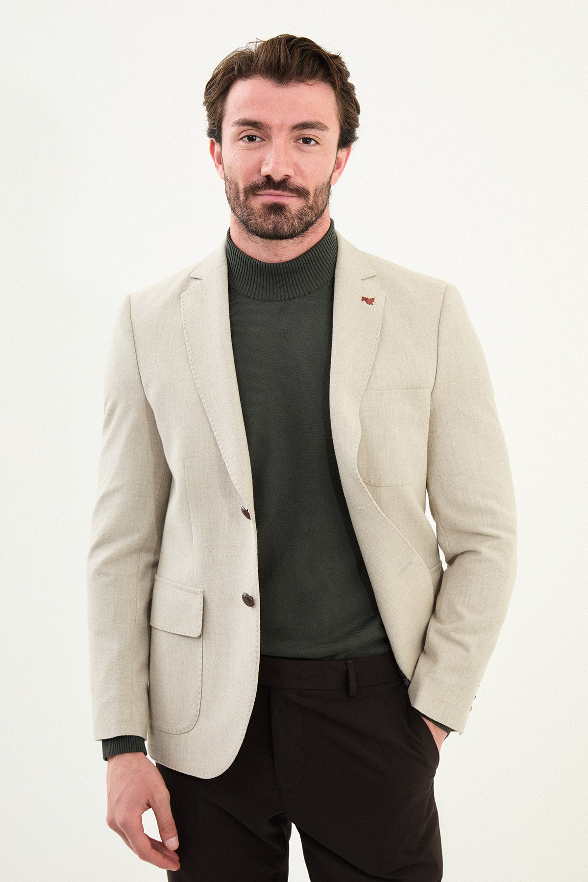Düz Slim Fit Torba Cep Mono Yaka Yün Erkek Ceket - Bej