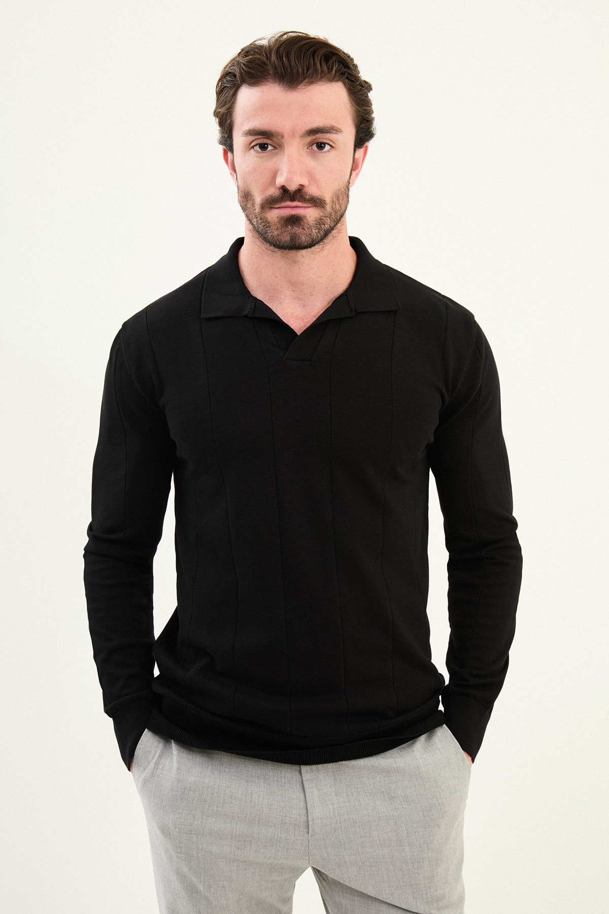 Çizgili Slim Fit Apaç Yaka Erkek Kazak - Siyah