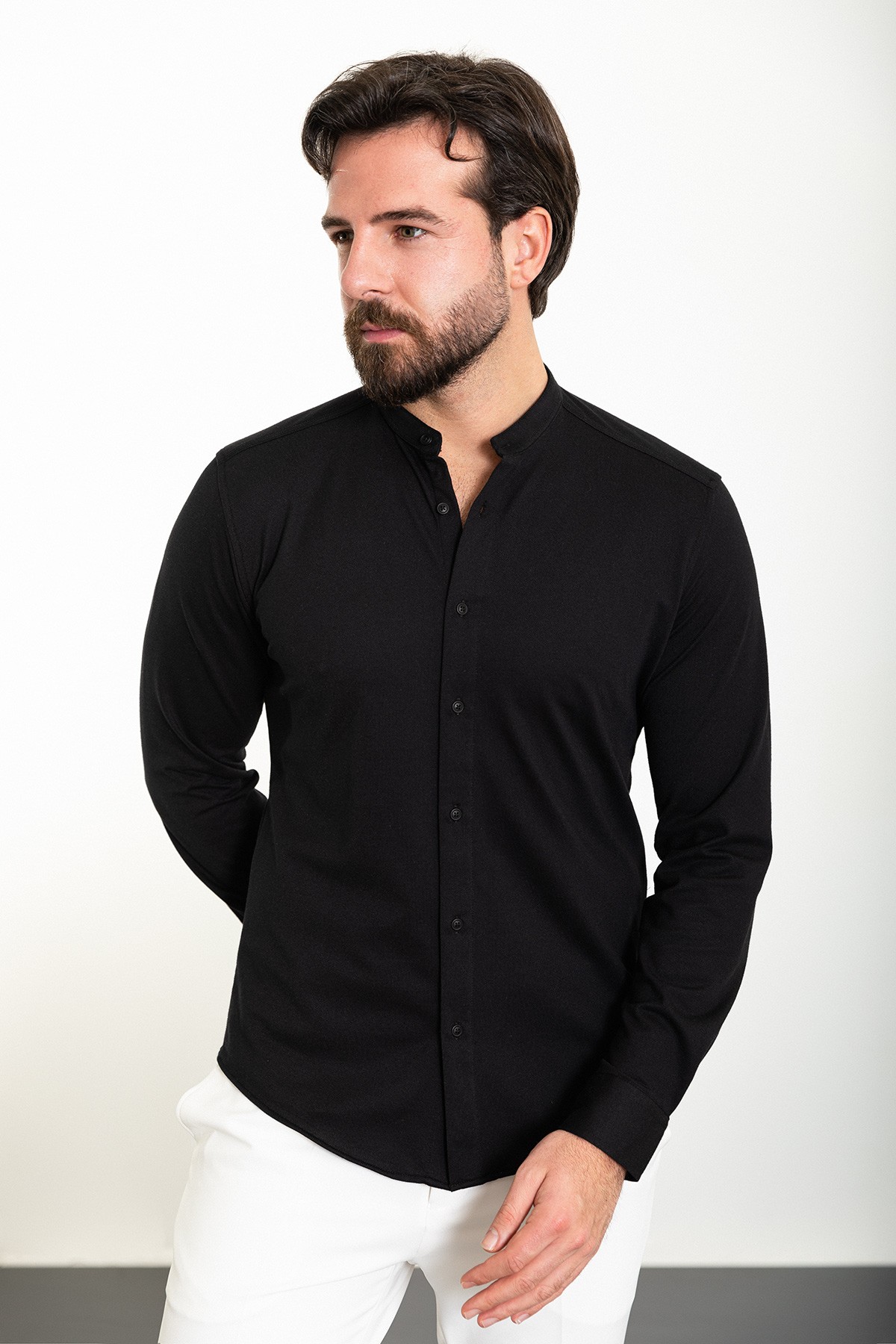 Düz Slim Fit Hakim Yaka Uzun Kollu Erkek Gömlek