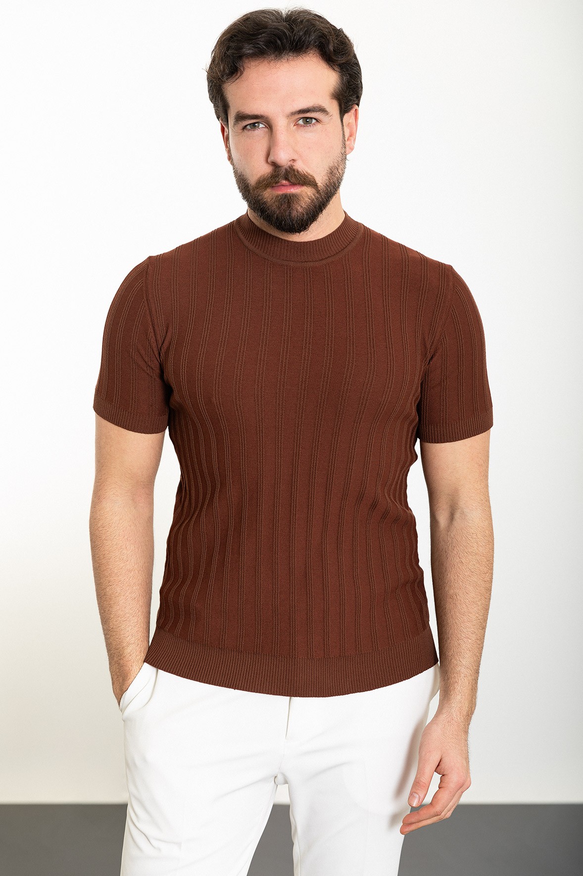 Çizgili Slim Fit Yarım Balıkçı Yaka Erkek Triko T-Shirt - Kiremit