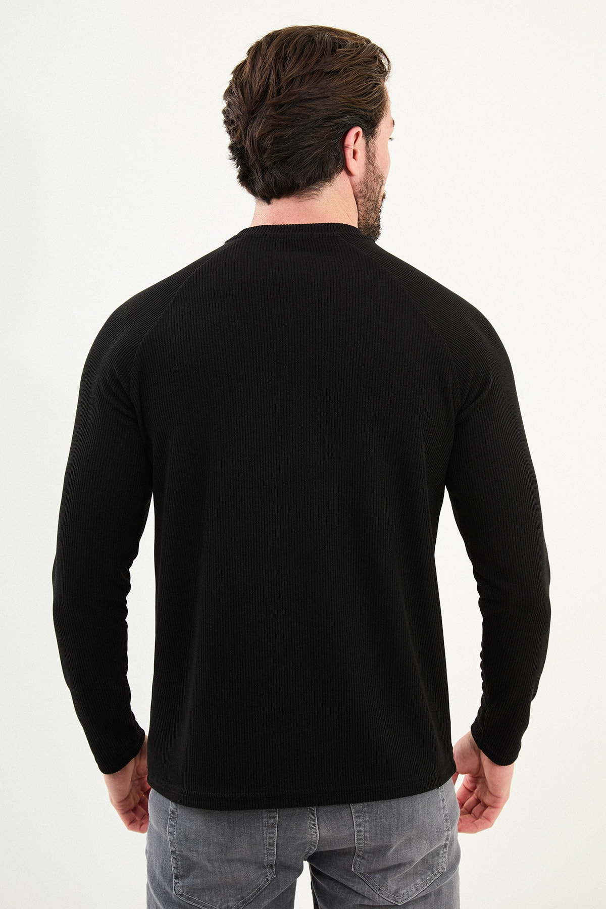 Çizgili Slim Fit Cep Detaylı Uzun Kollu Pamuk Erkek T-Shirt