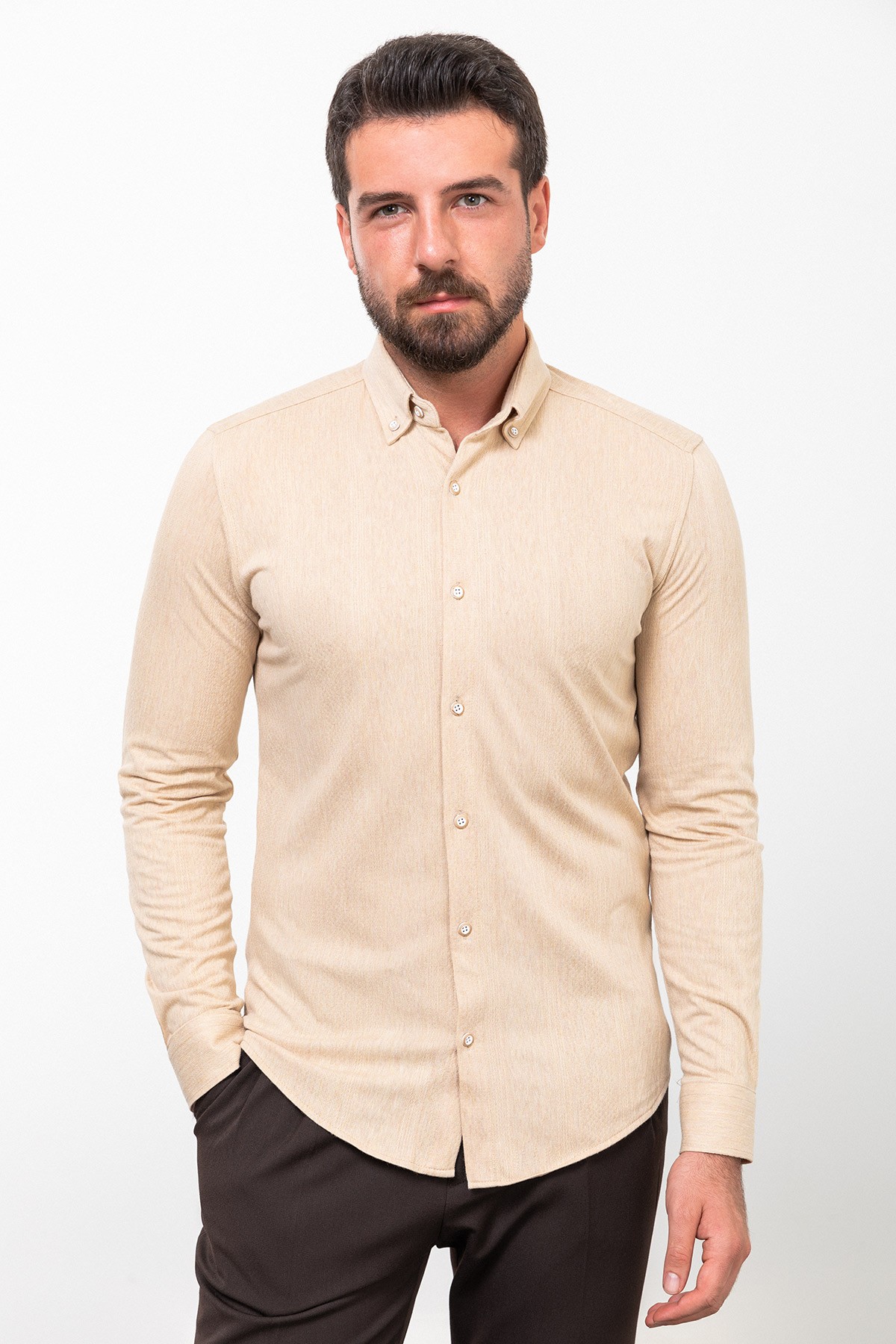 Desenli Slim Fit Uzun Kollu Pamuk Erkek Gömlek - Bej